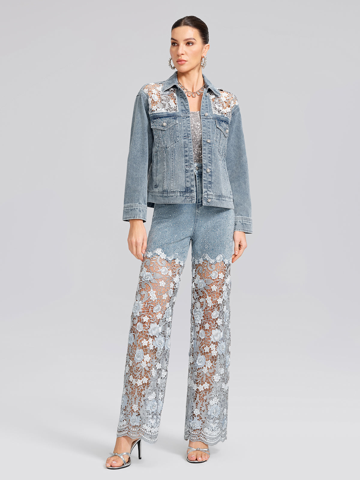 Rhinestone Lace-Panel Denim Jacket