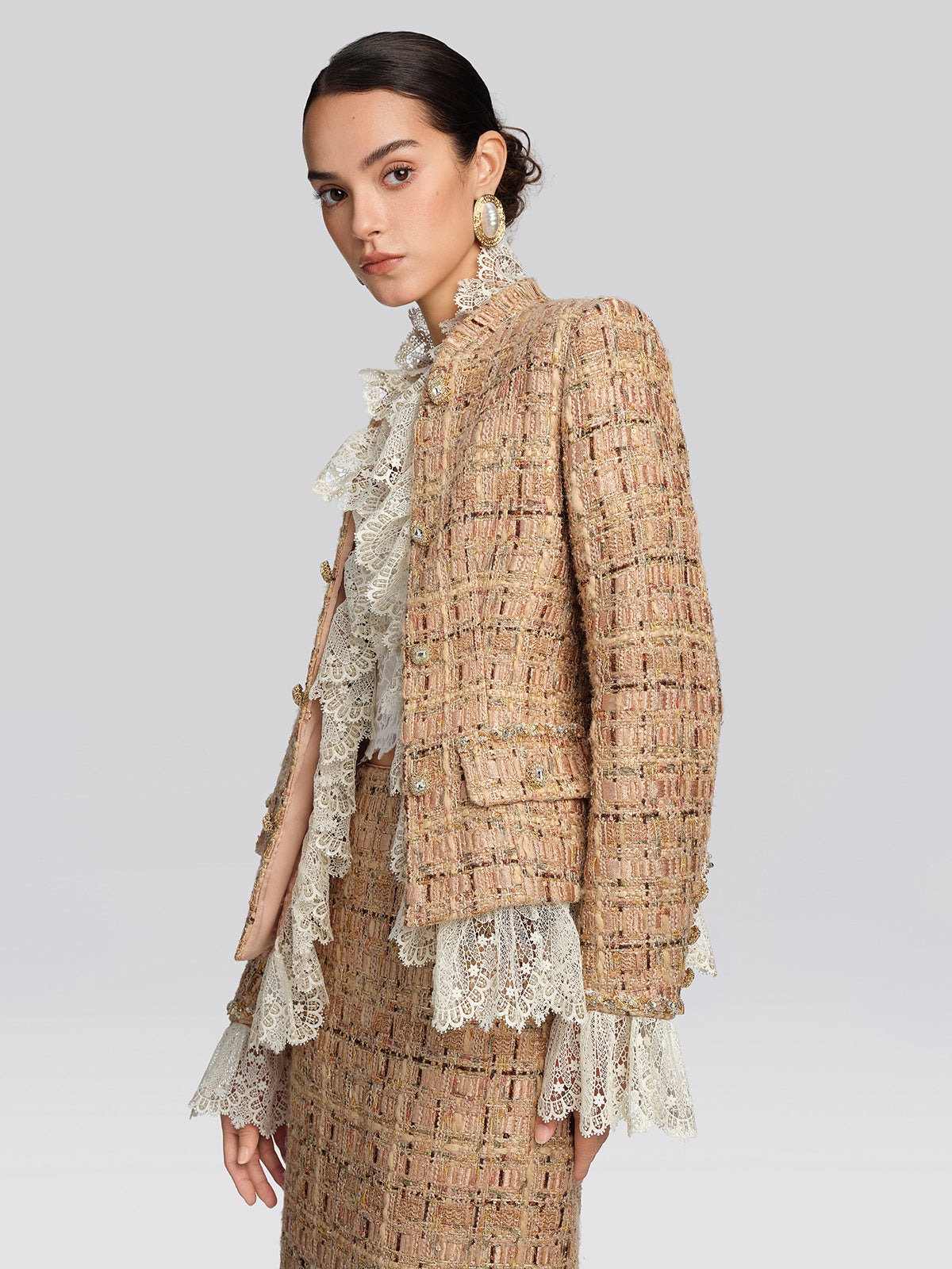 Textured Tweed Lace Trim Button Jacket