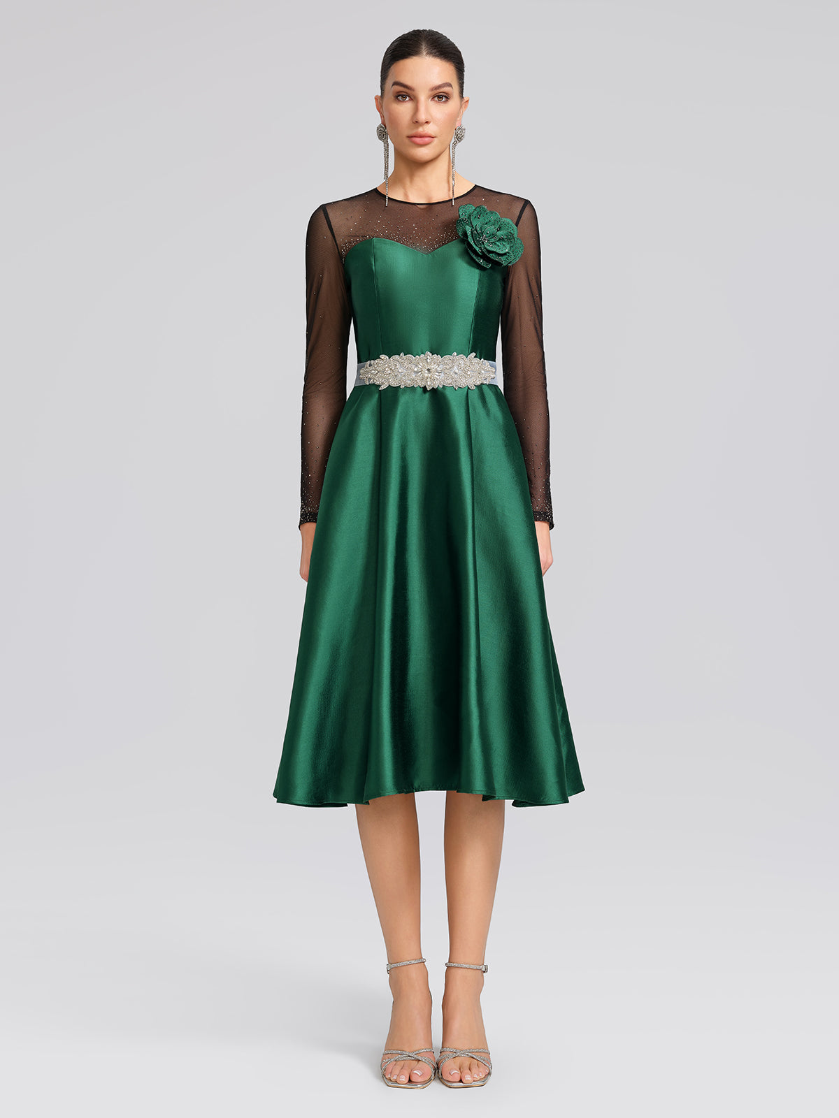 Satin Mesh-Panel Rhinestone Pocket Dress (Detachable Floral Brooch Included)