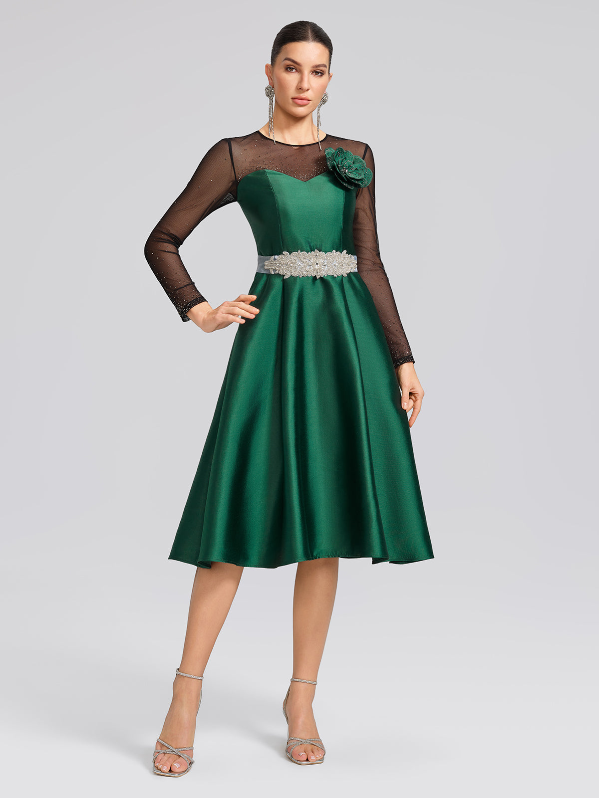 Satin Mesh-Panel Rhinestone Pocket Dress (Detachable Floral Brooch Included)
