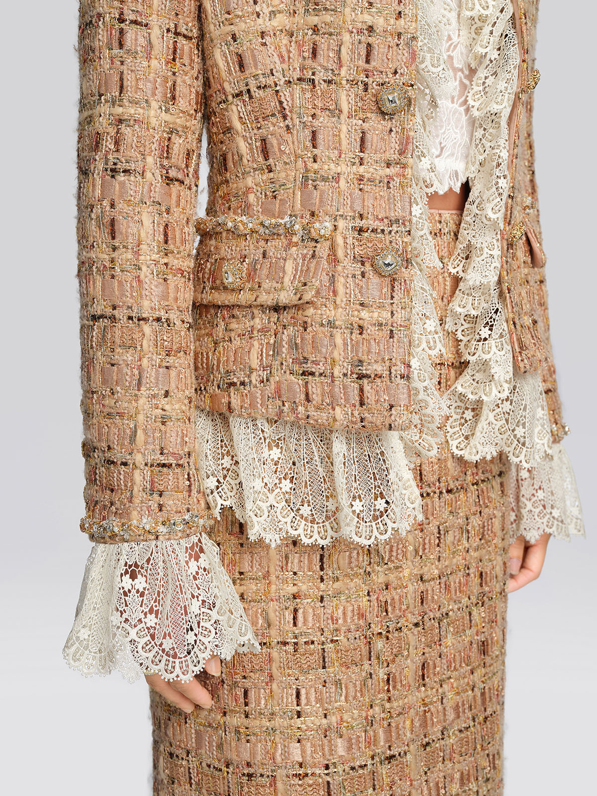 Textured Tweed Lace Trim Button Jacket