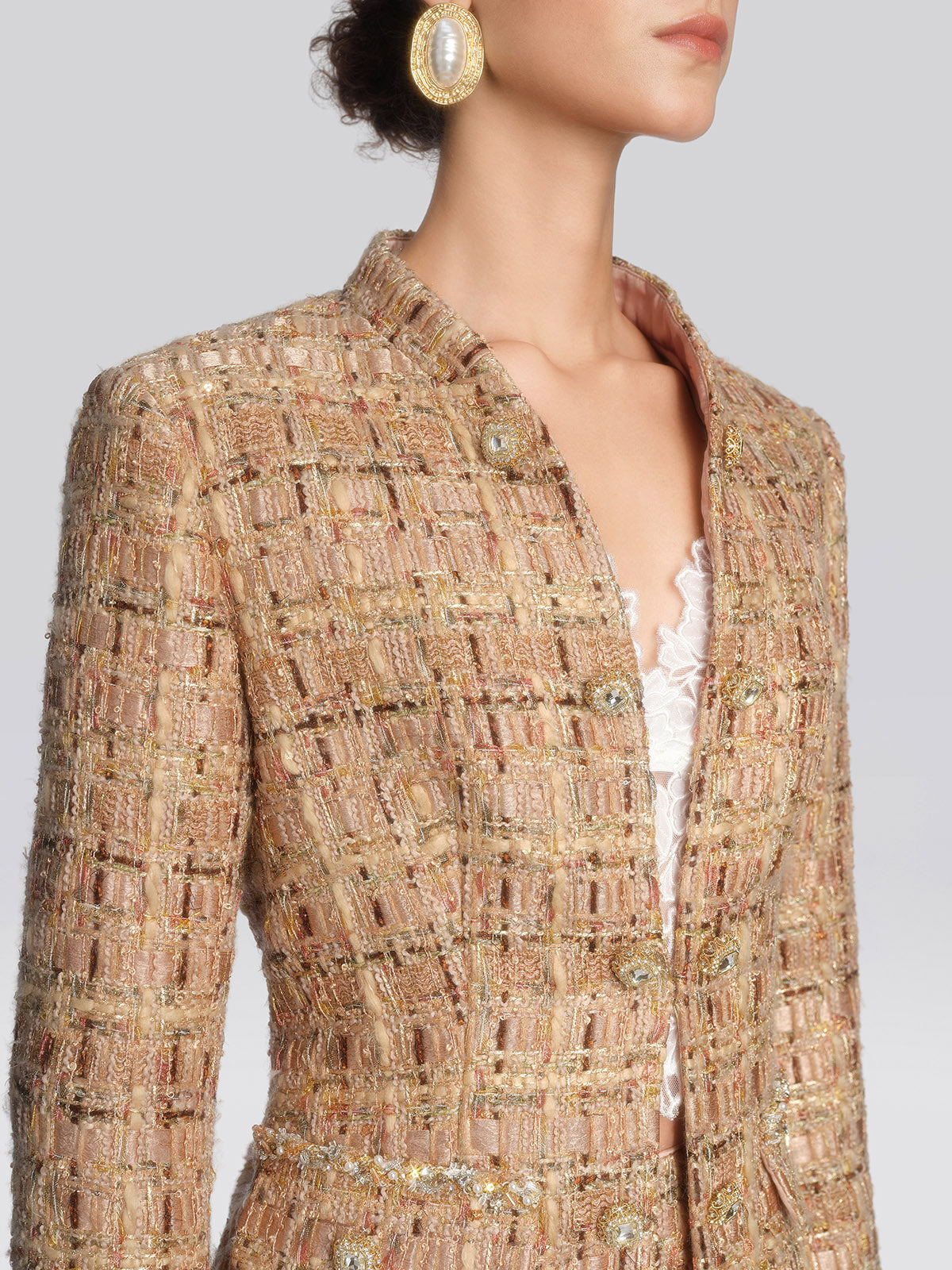 Textured Tweed Lace Trim Button Jacket
