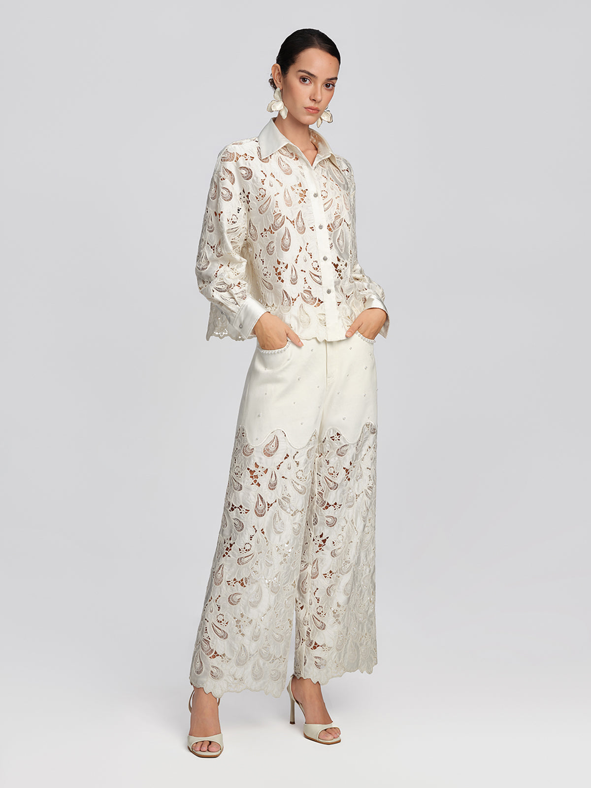 Lace Panel Pearl Wide Leg Pants