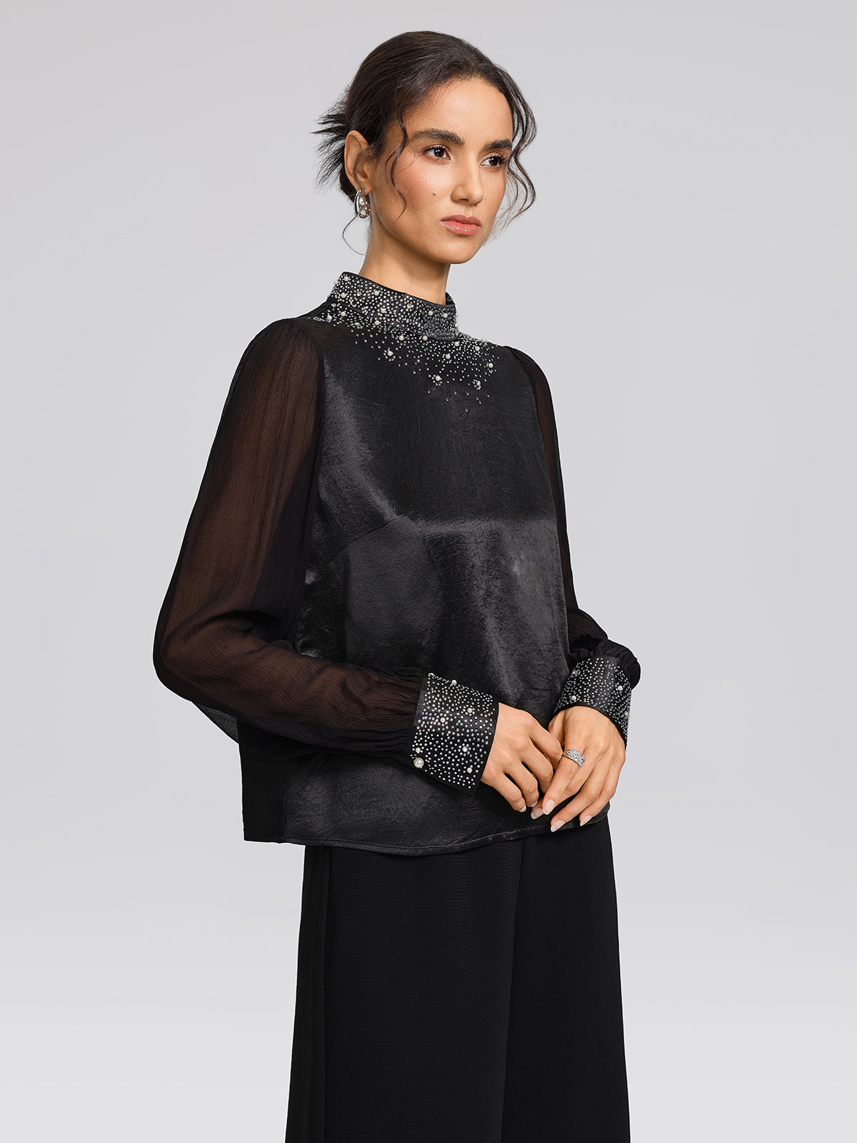 Satin Mesh Rhinestone Mock-Neck Blouse