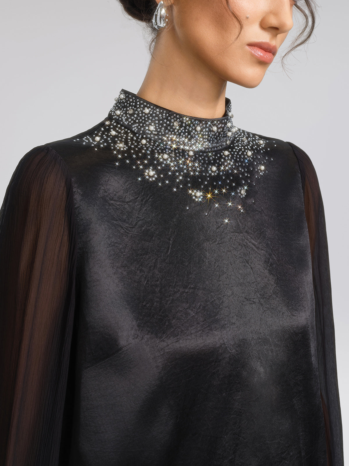 Satin Mesh Rhinestone Mock-Neck Blouse