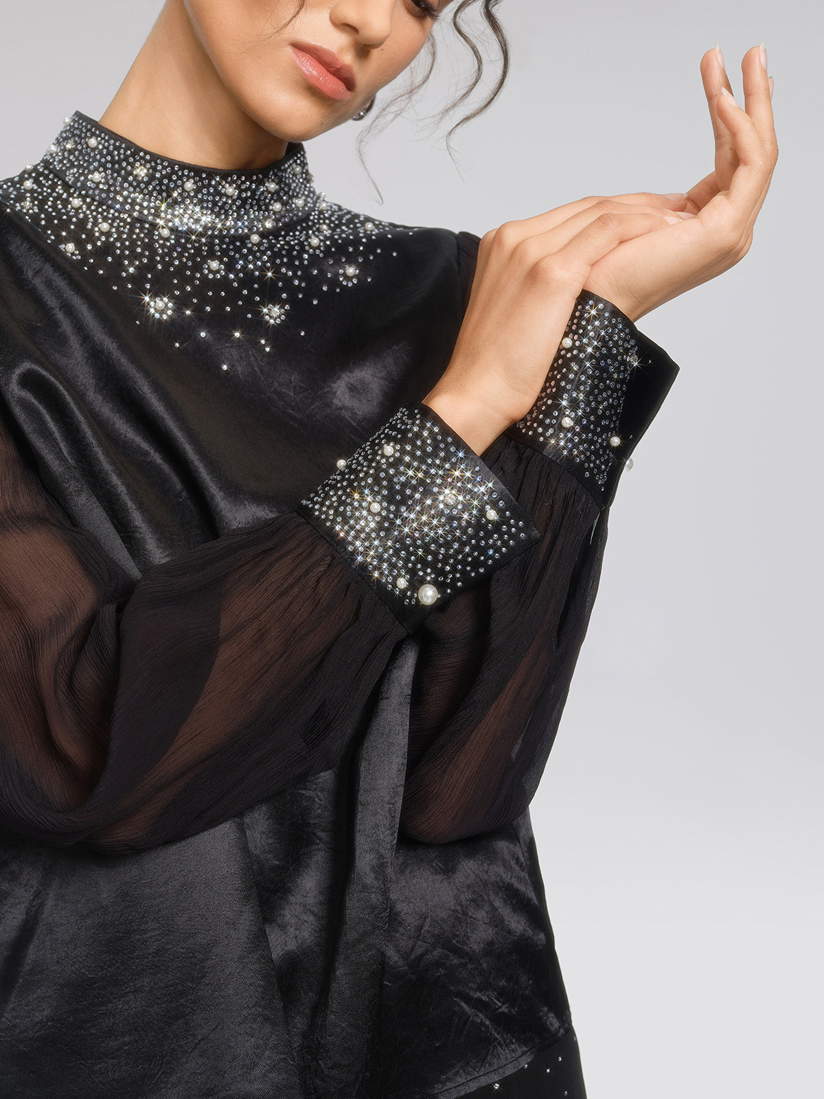 Satin Mesh Rhinestone Mock-Neck Blouse