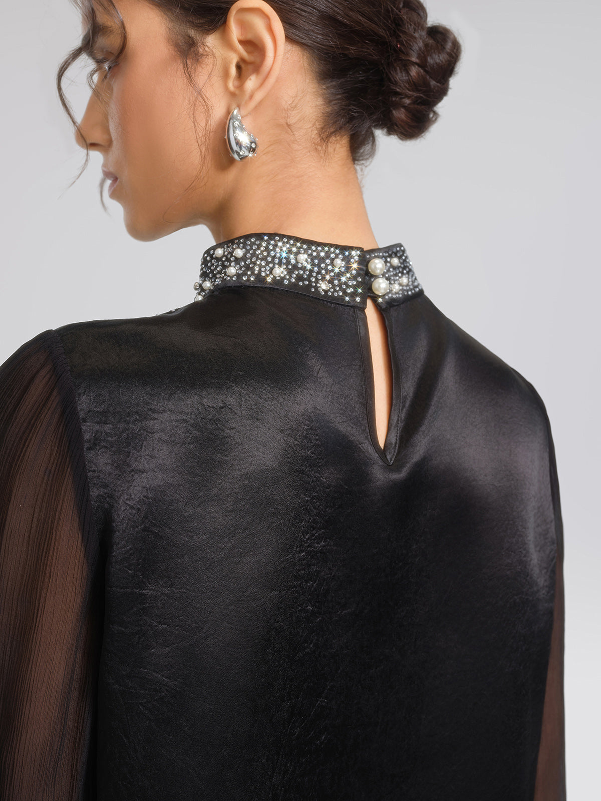Satin Mesh Rhinestone Mock-Neck Blouse