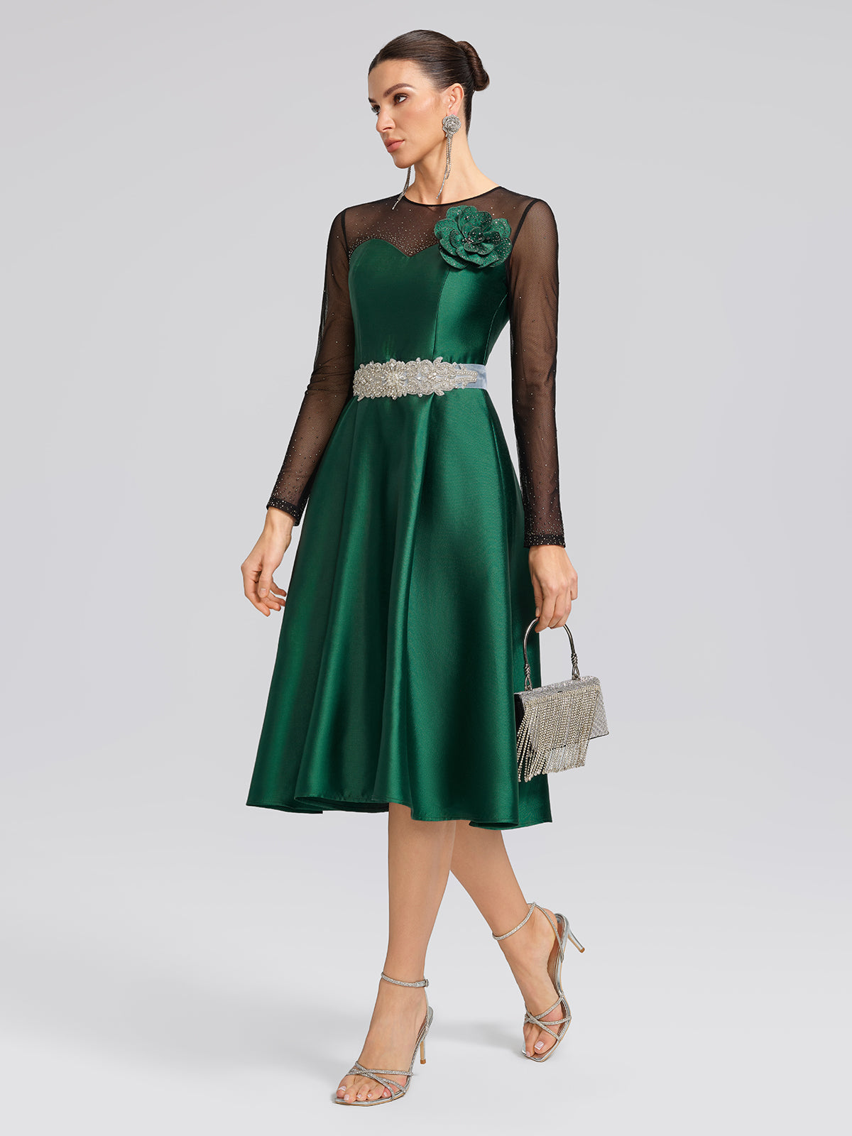 Satin Mesh-Panel Rhinestone Pocket Dress (Detachable Floral Brooch Included)