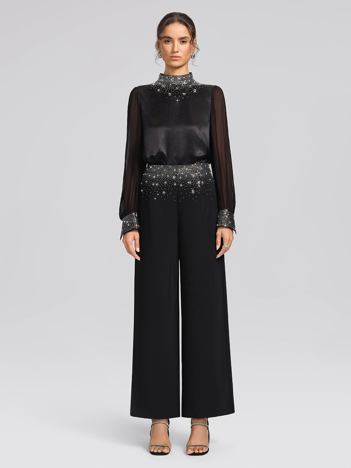 Satin Mesh Rhinestone Mock-Neck Blouse