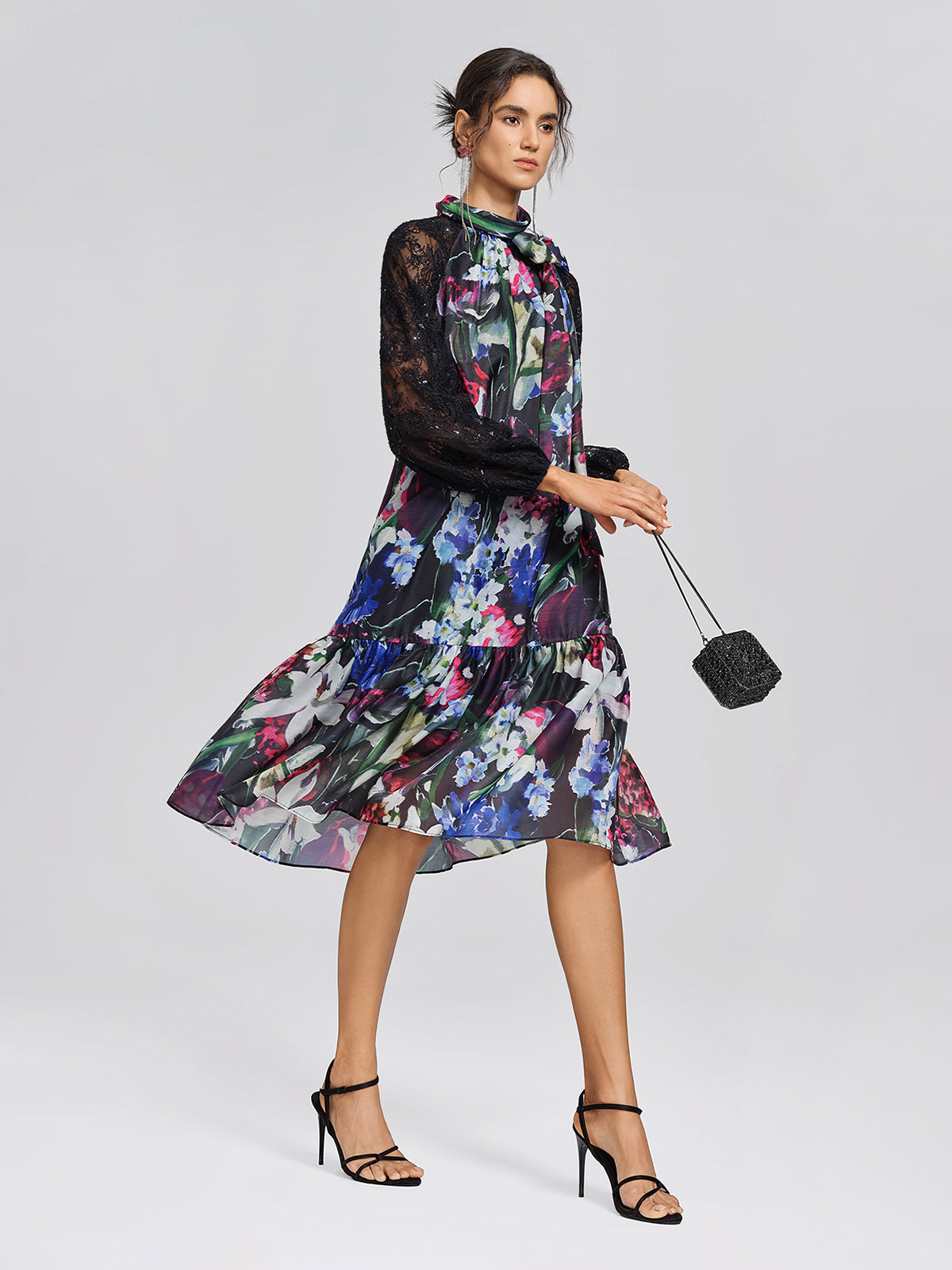 Artistic Floral Print Lace Sleeve Dress