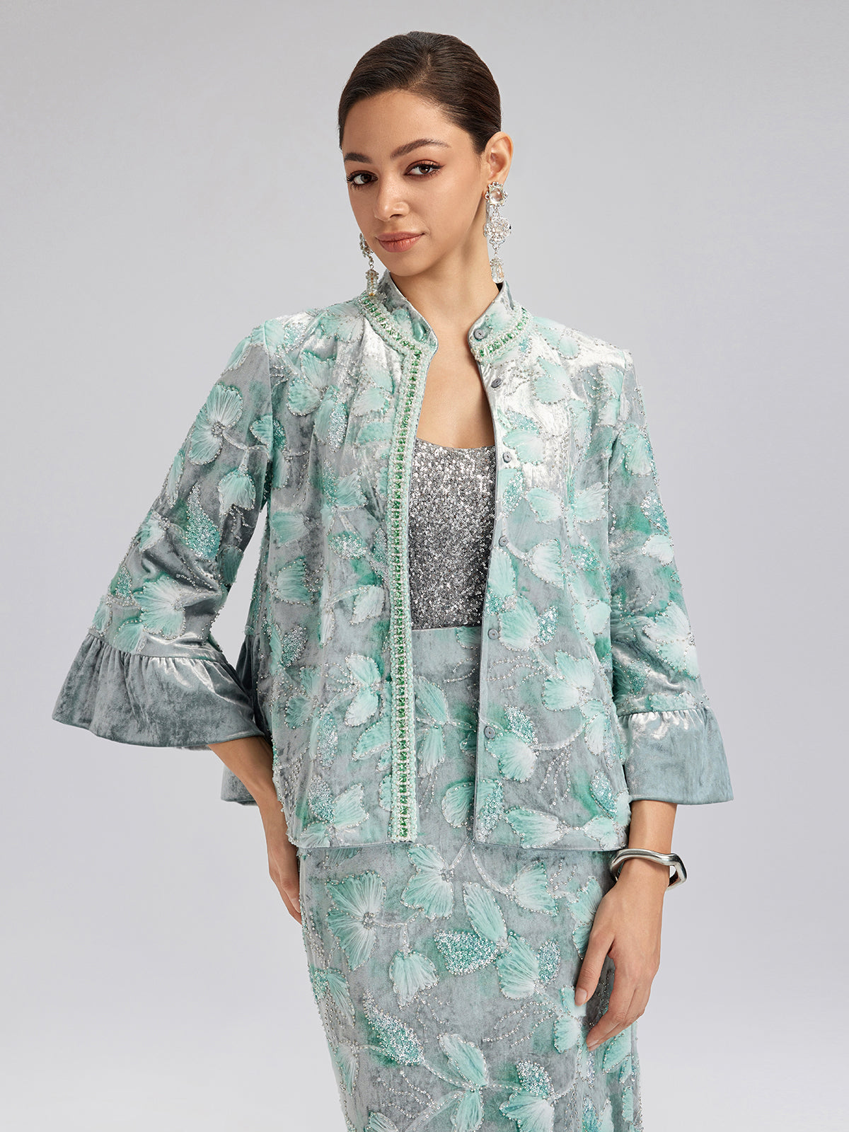 Beaded Floral Embroidered Velvet Stand Collar Jacket