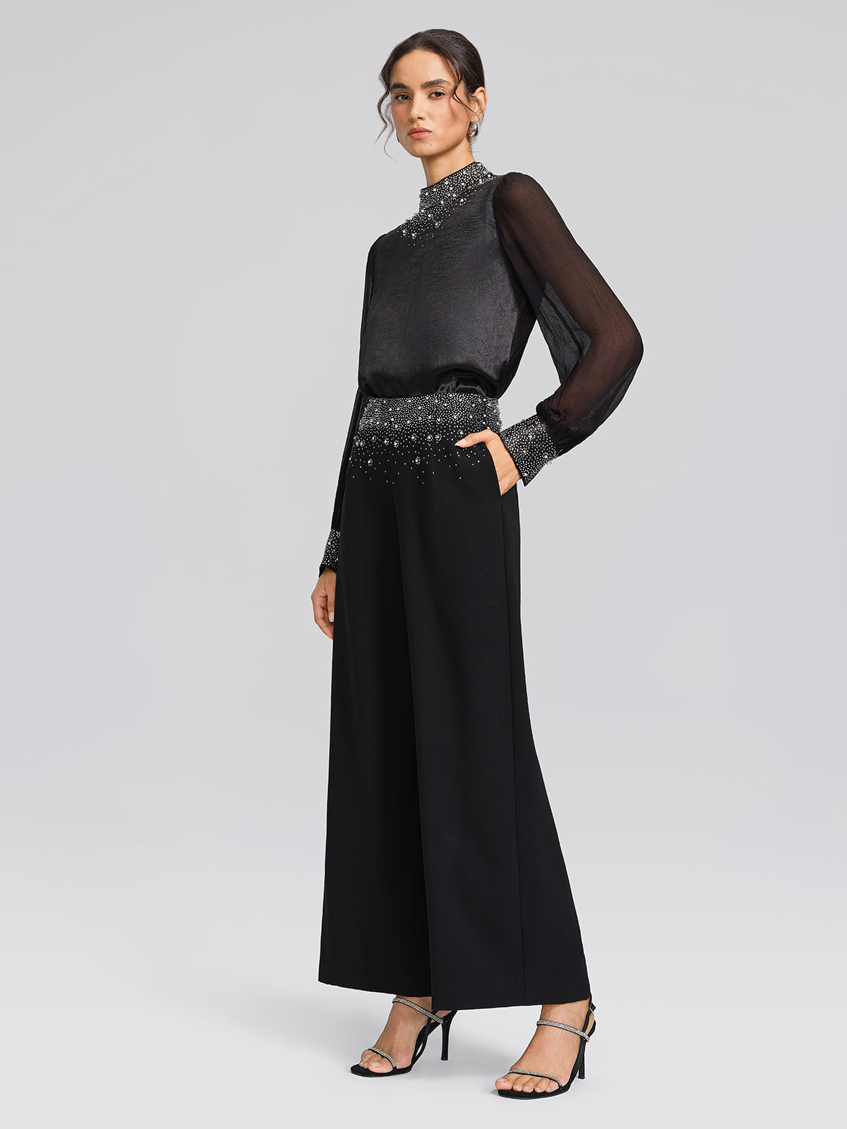 Beaded Gradient Rhinestone High-Waisted Pants