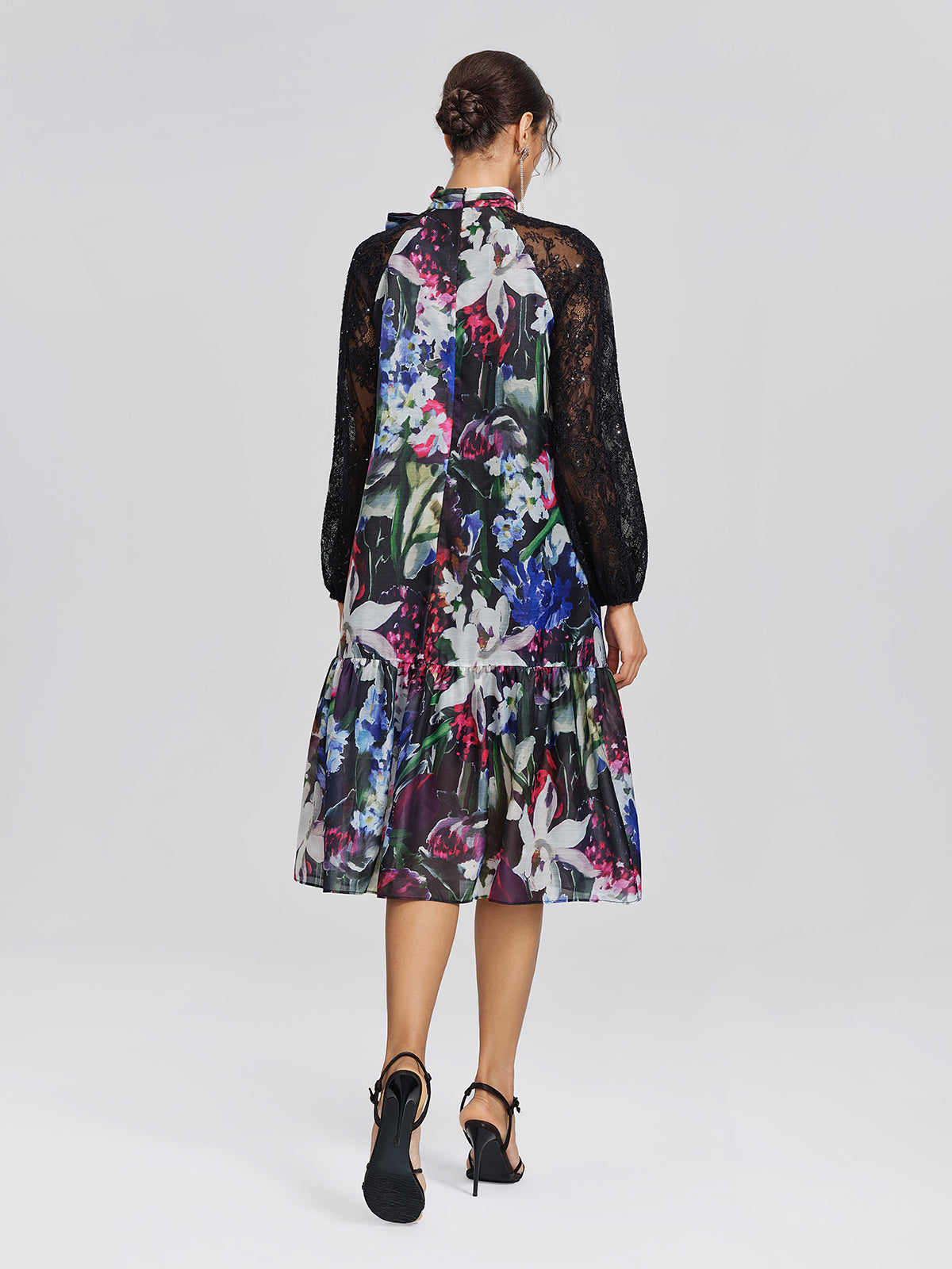 Artistic Floral Print Lace Sleeve Dress