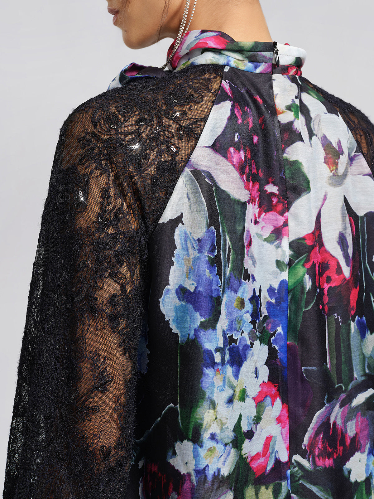 Artistic Floral Print Lace Sleeve Dress