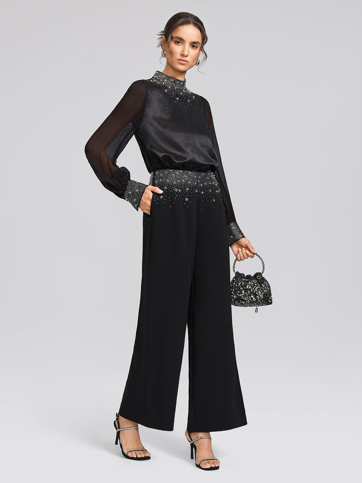 Satin Mesh Rhinestone Mock-Neck Blouse