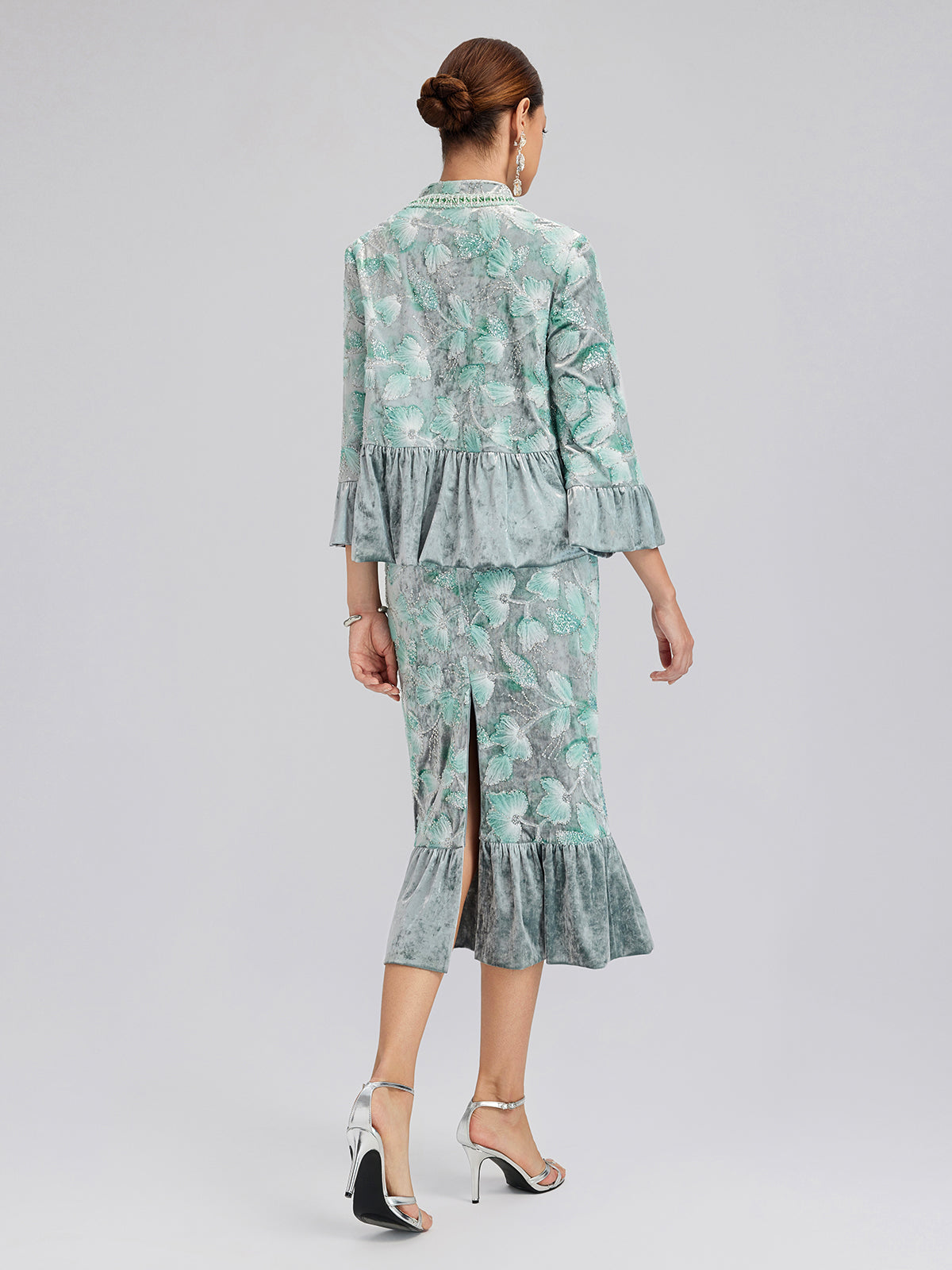 Beaded Floral Embroidered Velvet Stand Collar Jacket