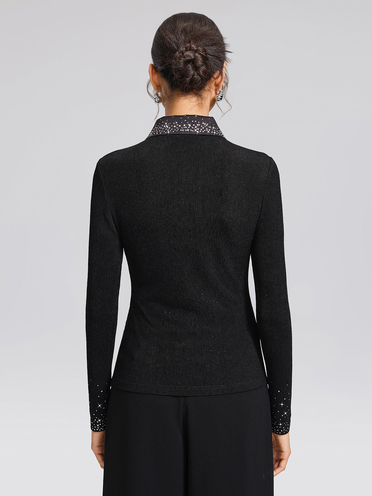 Textured Rhinestone Pointed-Collar Blouse