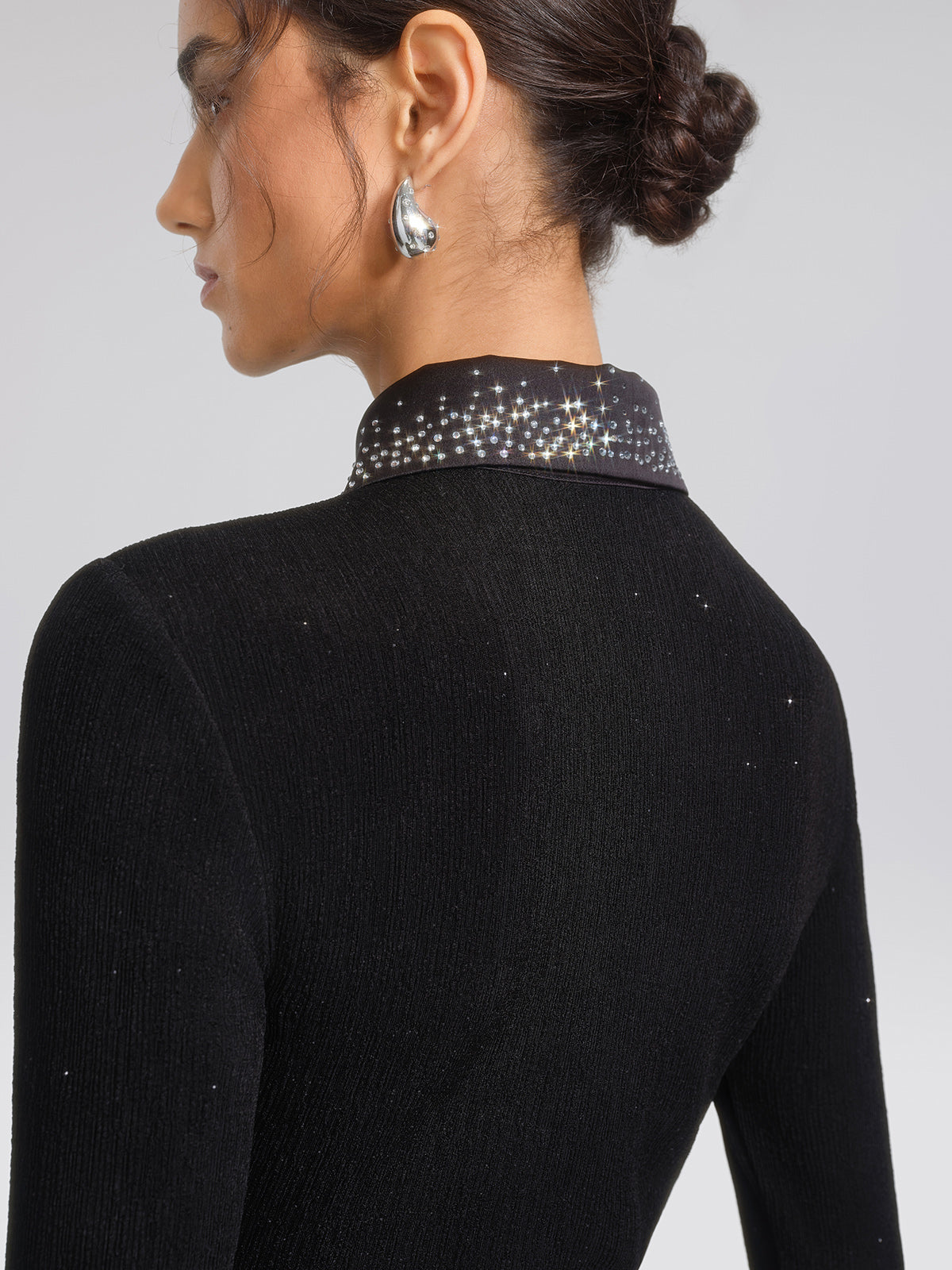 Textured Rhinestone Pointed-Collar Blouse