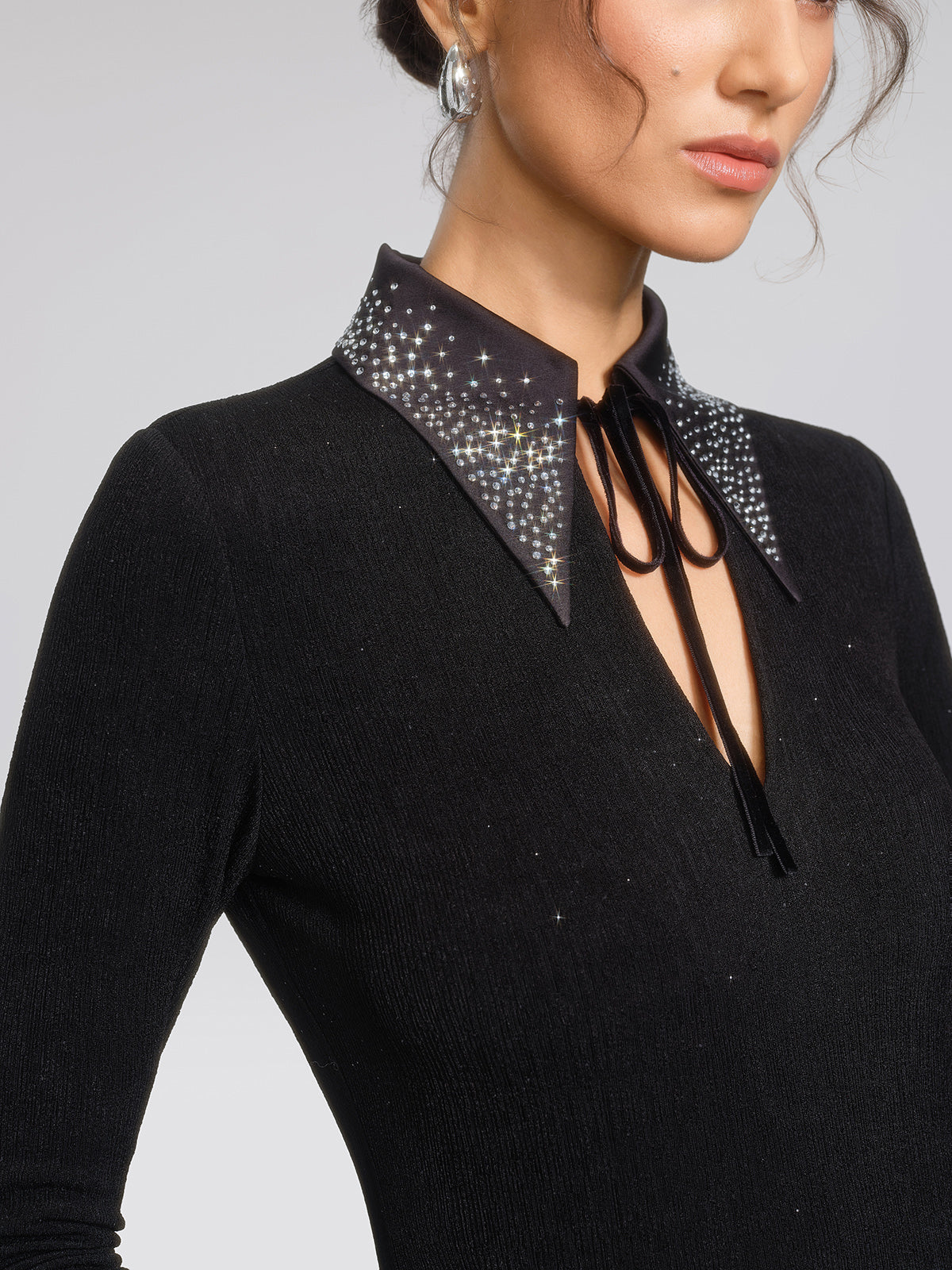 Textured Rhinestone Pointed-Collar Blouse