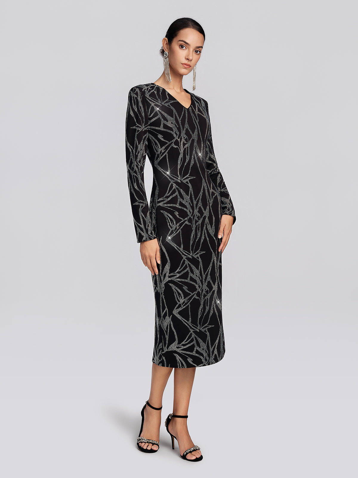 Stretch Fabric Rhinestone Bamboo Pattern Dress