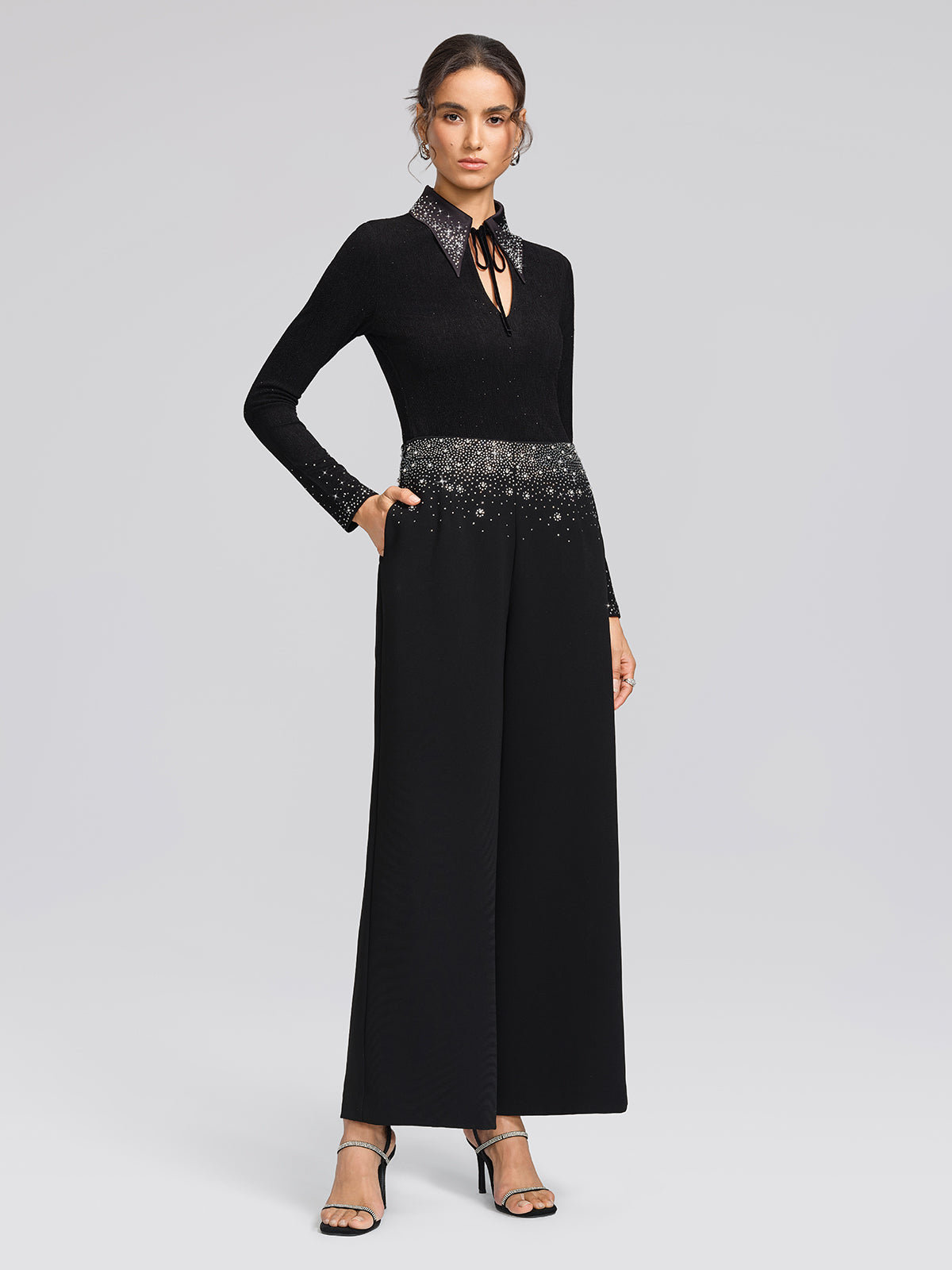 Textured Rhinestone Pointed-Collar Blouse