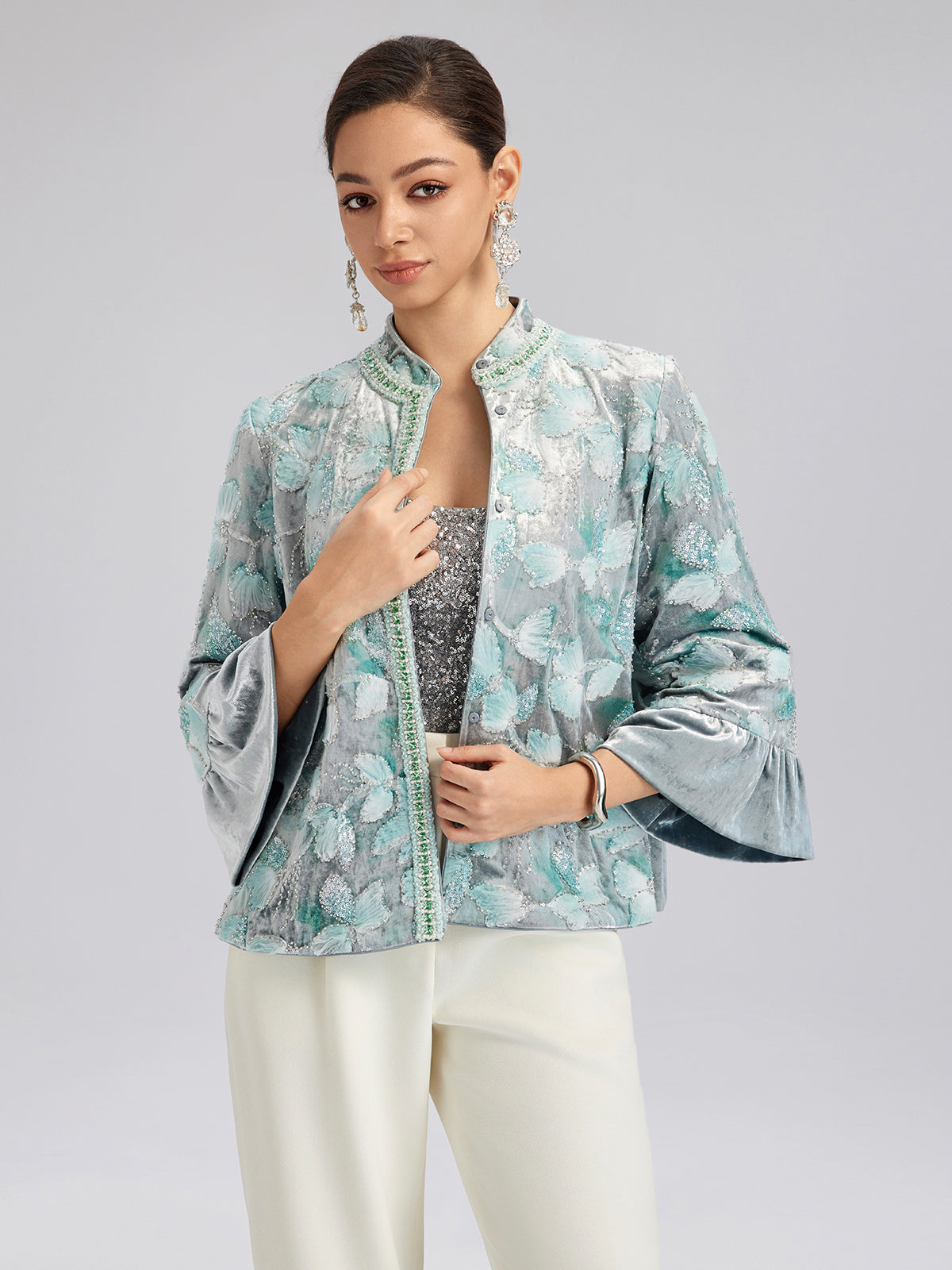 Beaded Floral Embroidered Velvet Stand Collar Jacket