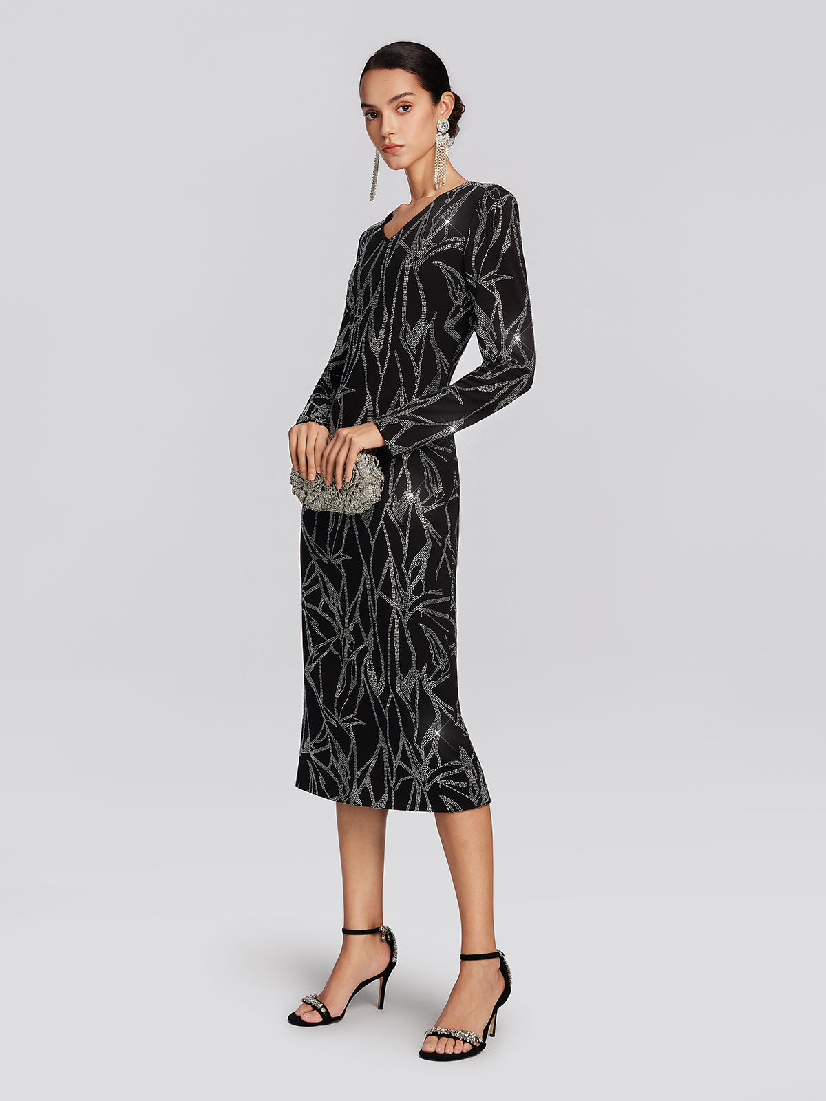 Stretch Fabric Rhinestone Bamboo Pattern Dress