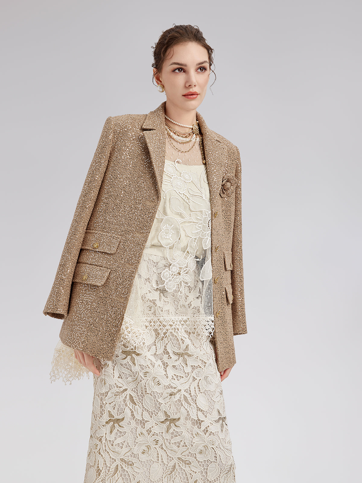 Gold Sequined Camellia Brooch Jacket