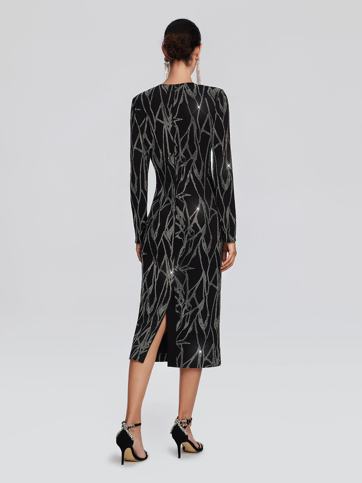 Stretch Fabric Rhinestone Bamboo Pattern Dress