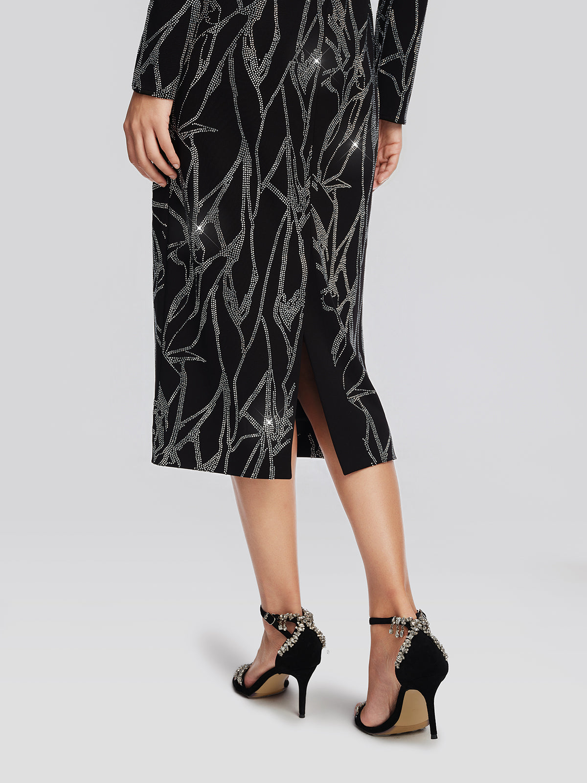 Stretch Fabric Rhinestone Bamboo Pattern Dress