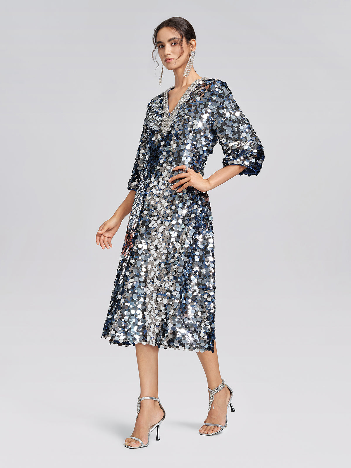 Metallic Sequin Rhinestone V-Neck Dress