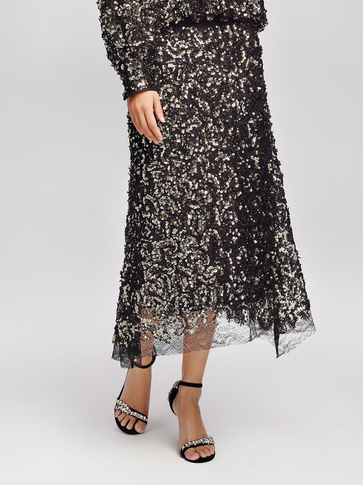 Sequin Mesh High-Waisted Midi Skirt