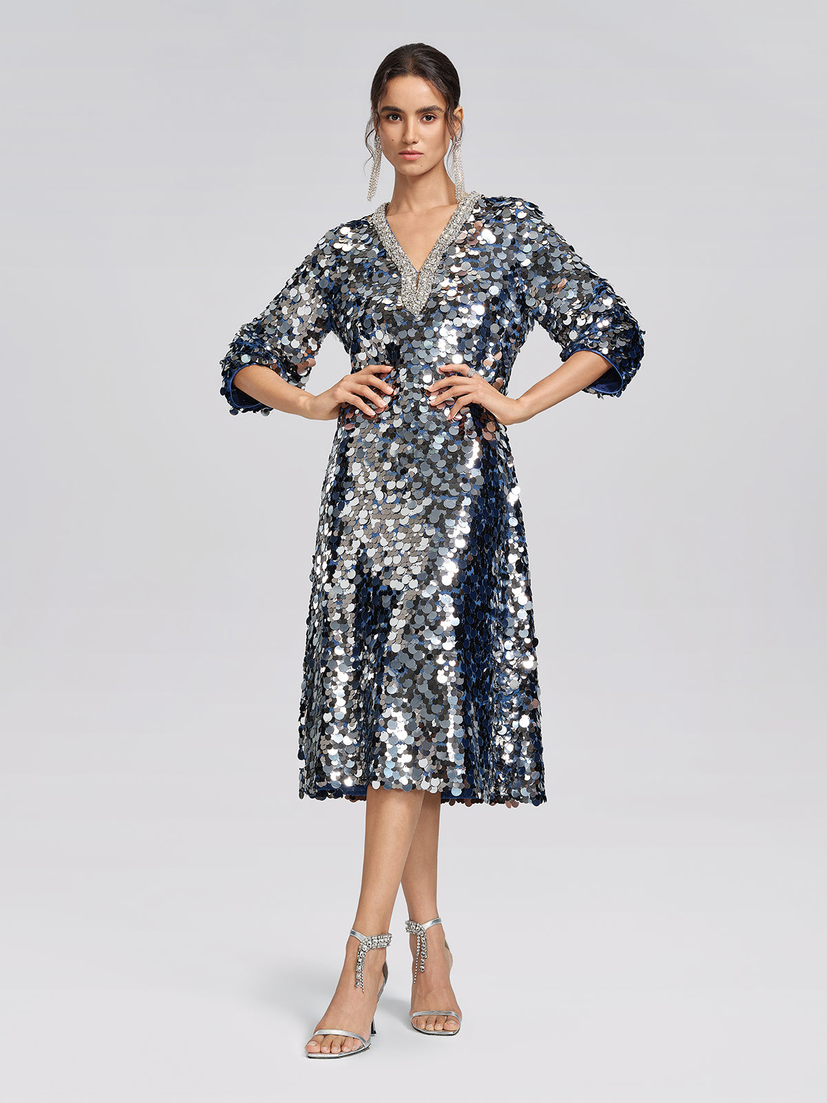 Metallic Sequin Rhinestone V-Neck Dress