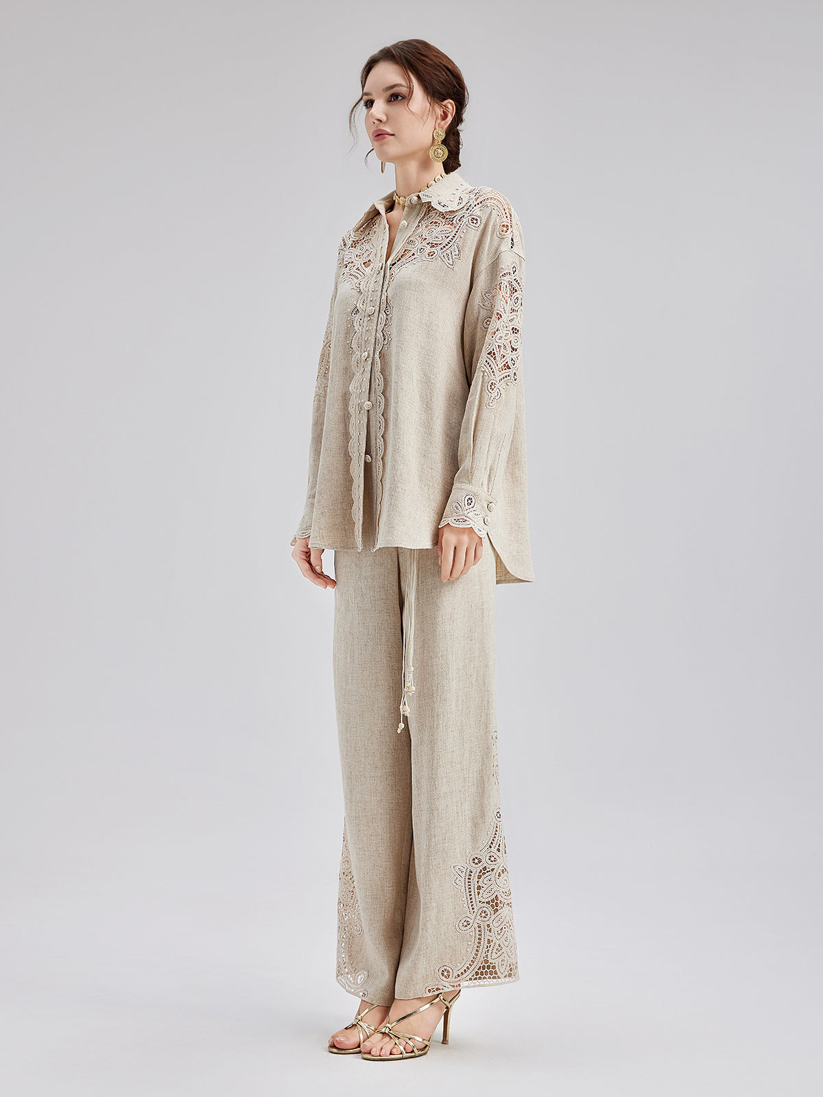 Final Sale | French Ramie Lace-Trimmed Pants with Braided Belt