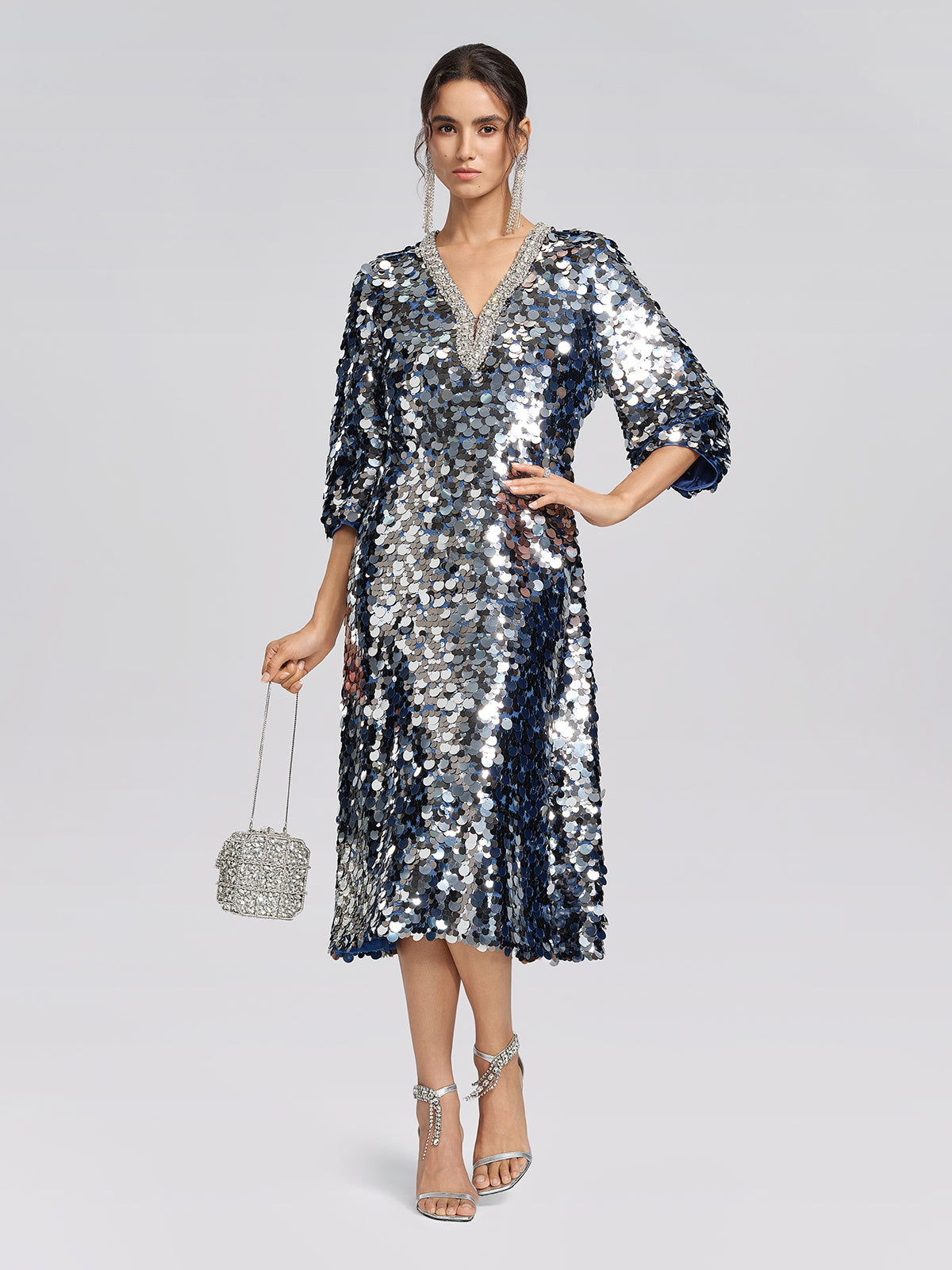 Metallic Sequin Rhinestone V-Neck Dress