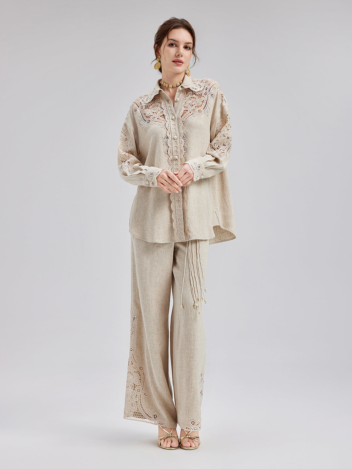 Final Sale | French Ramie Lace-Trimmed Pants with Braided Belt