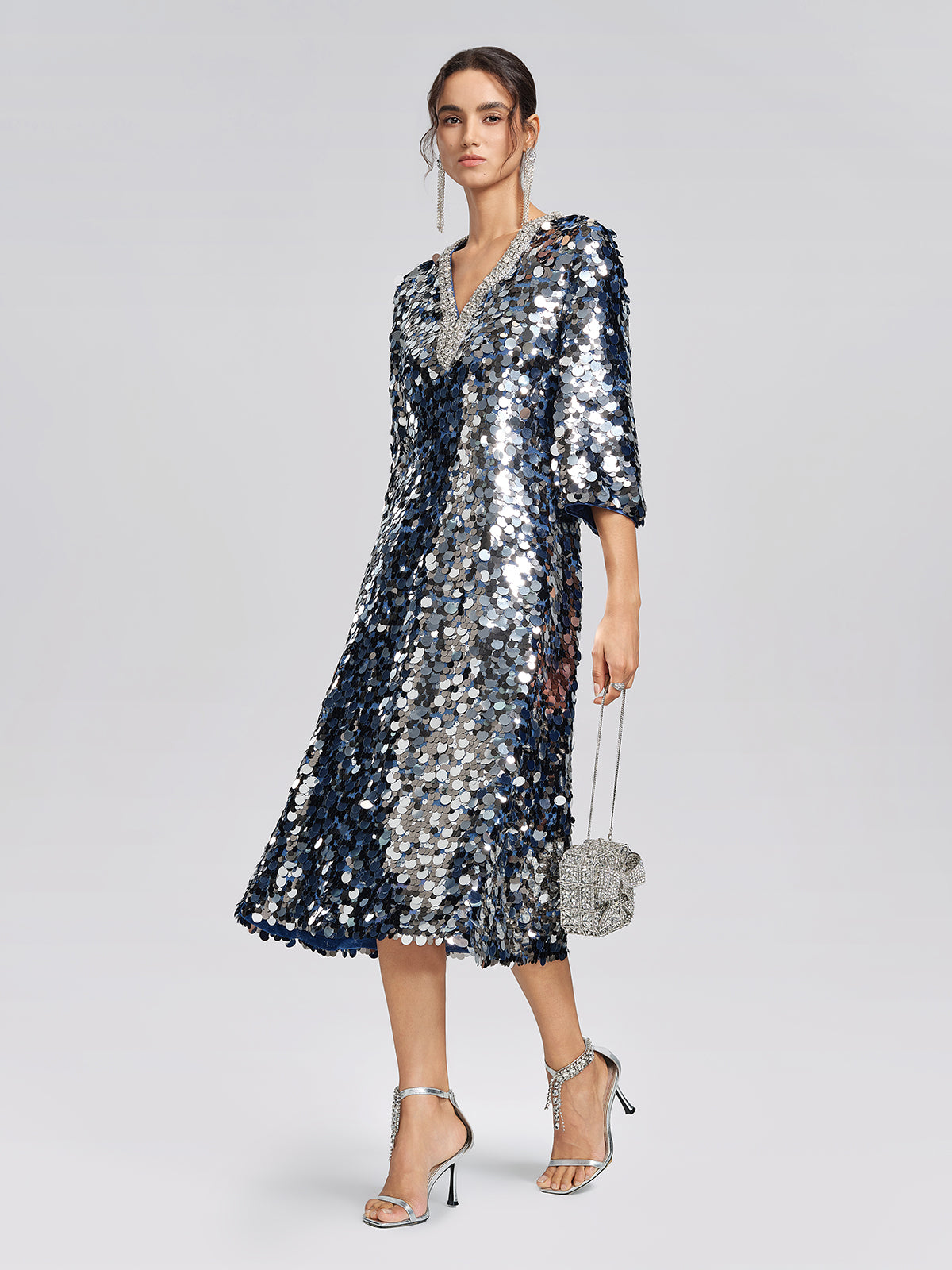 Metallic Sequin Rhinestone V-Neck Dress