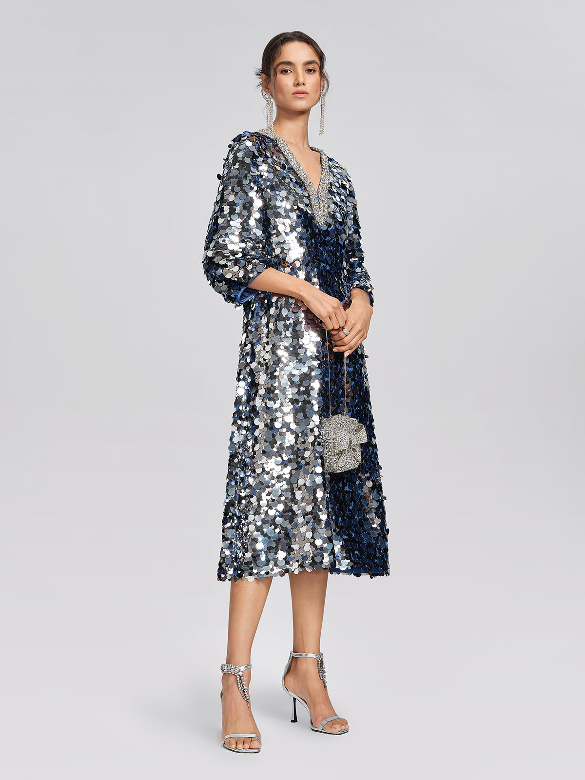 Metallic Sequin Rhinestone V-Neck Dress