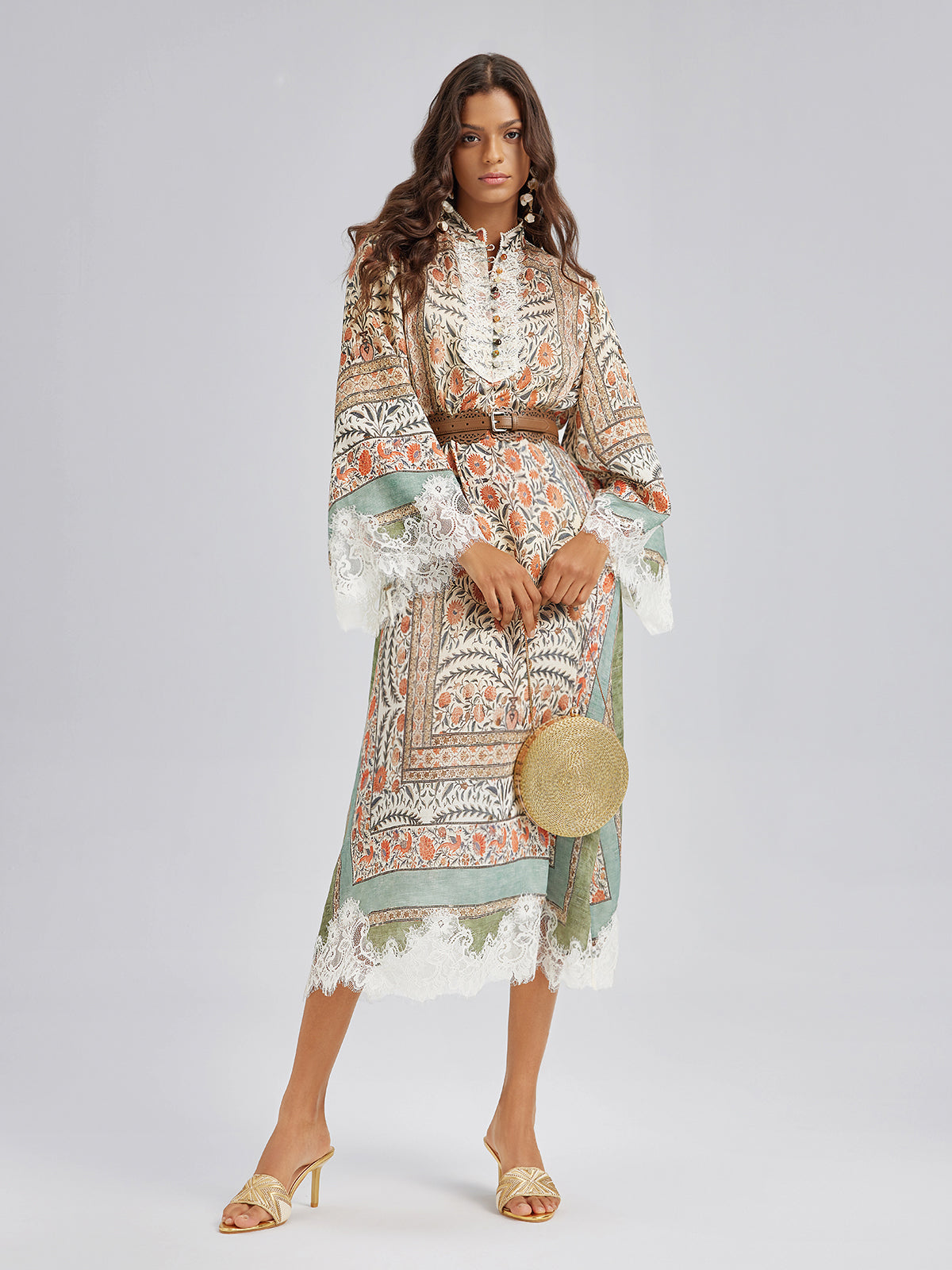 Vintage Botanical Print Lace Dress (Belt Included)