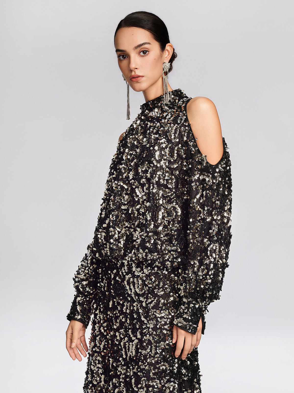 Sequin Embellished Cold-Shoulder Blouse