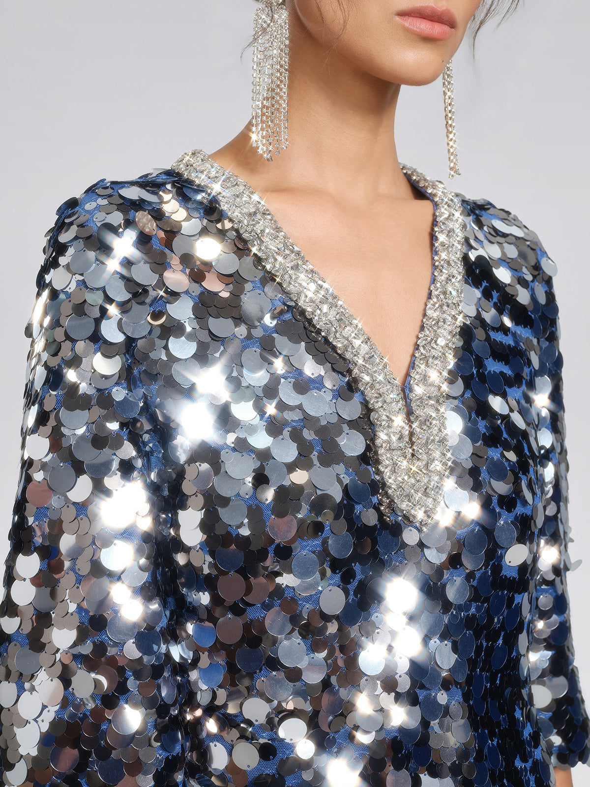 Metallic Sequin Rhinestone V-Neck Dress