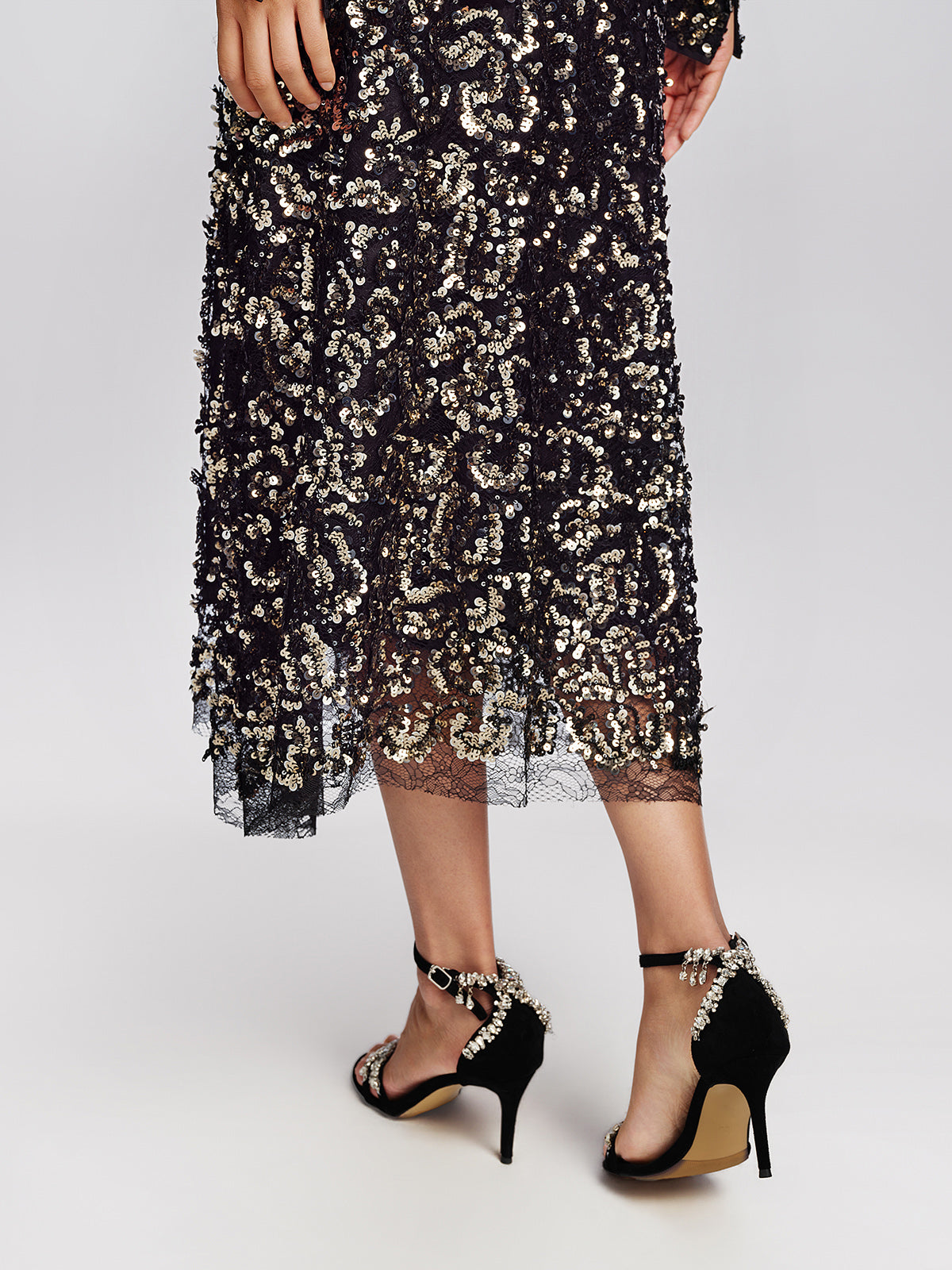 Sequin Mesh High-Waisted Midi Skirt