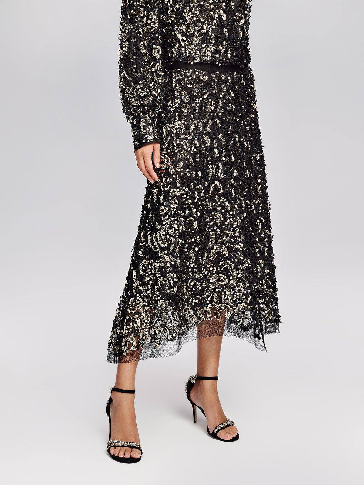 Sequin Mesh High-Waisted Midi Skirt