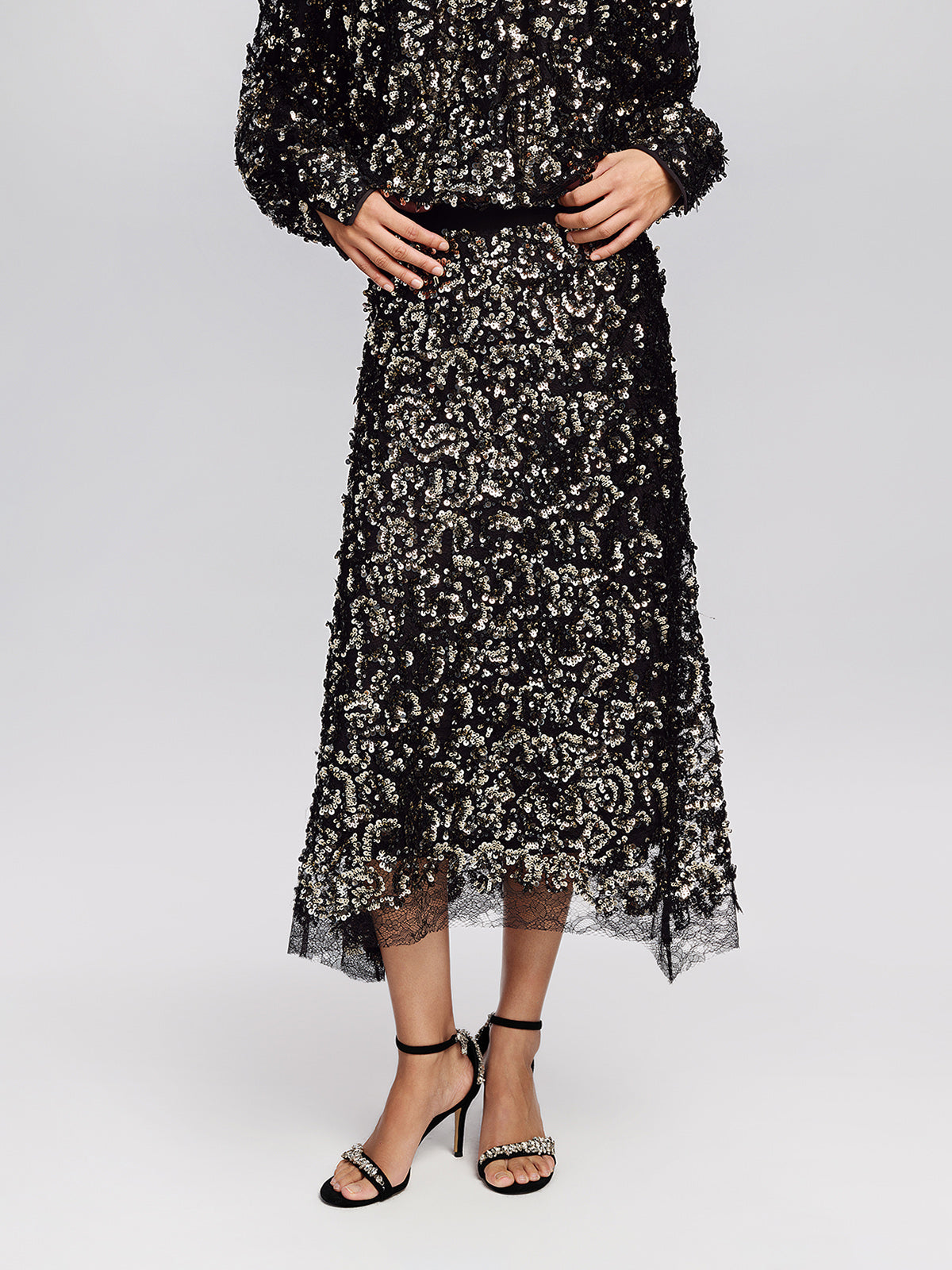 Sequin Mesh High-Waisted Midi Skirt