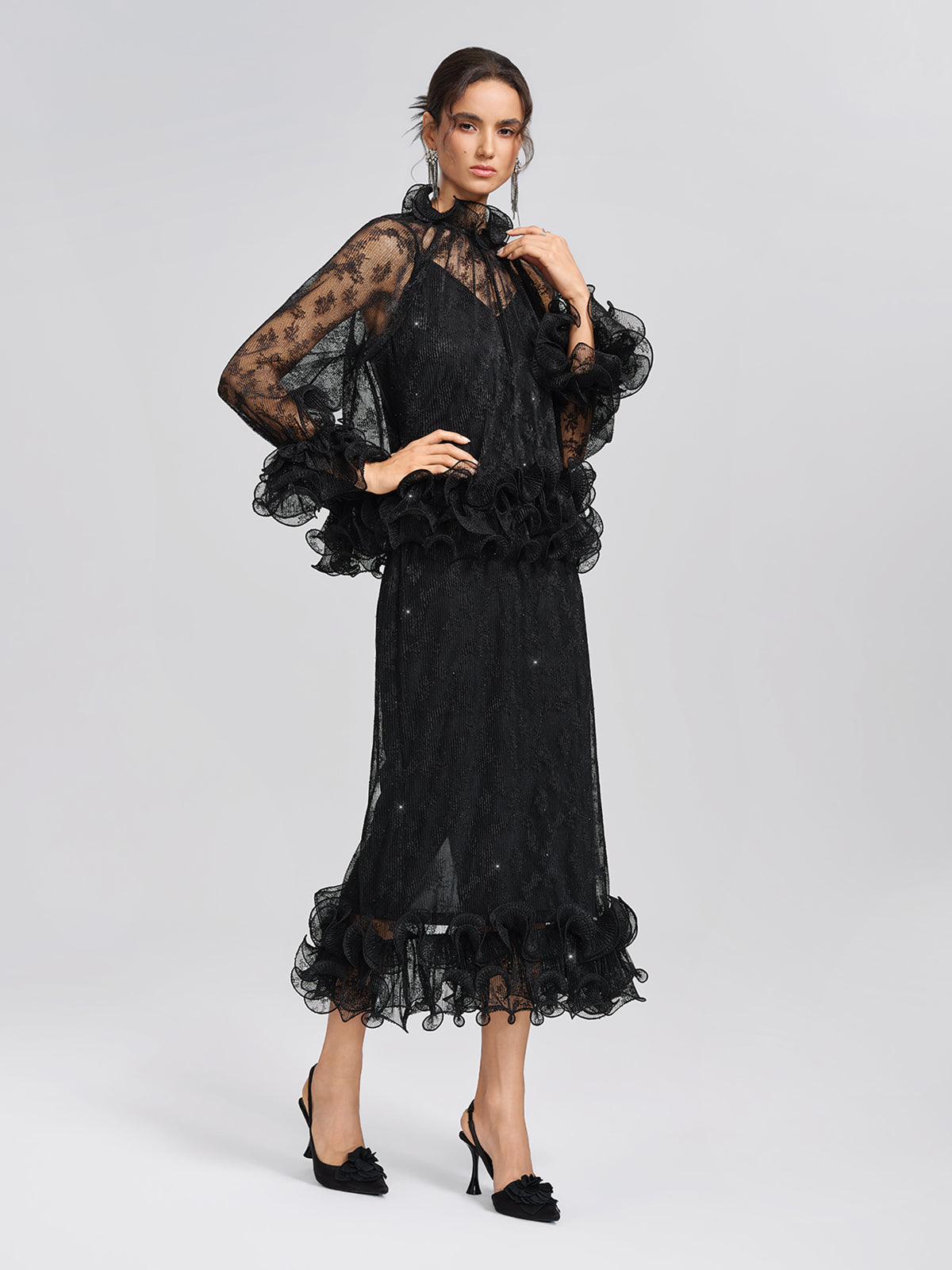 Pleated Mesh Floral Lace Skirt