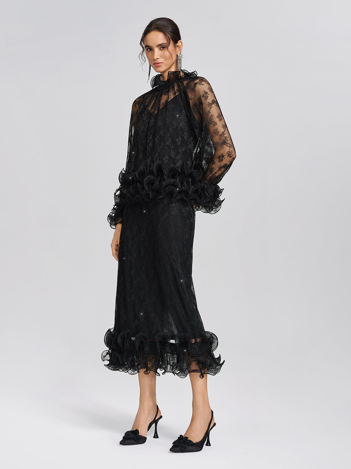 Pleated Mesh Floral Lace Blouse