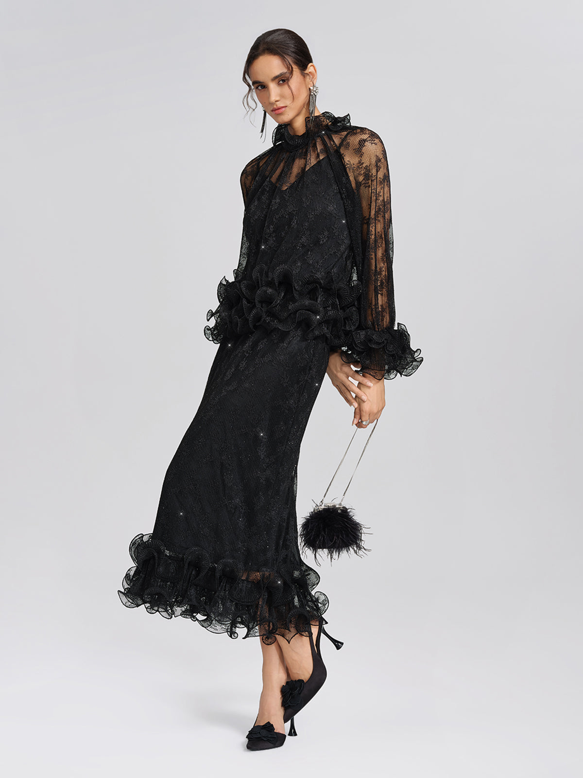 Pleated Mesh Floral Lace Blouse