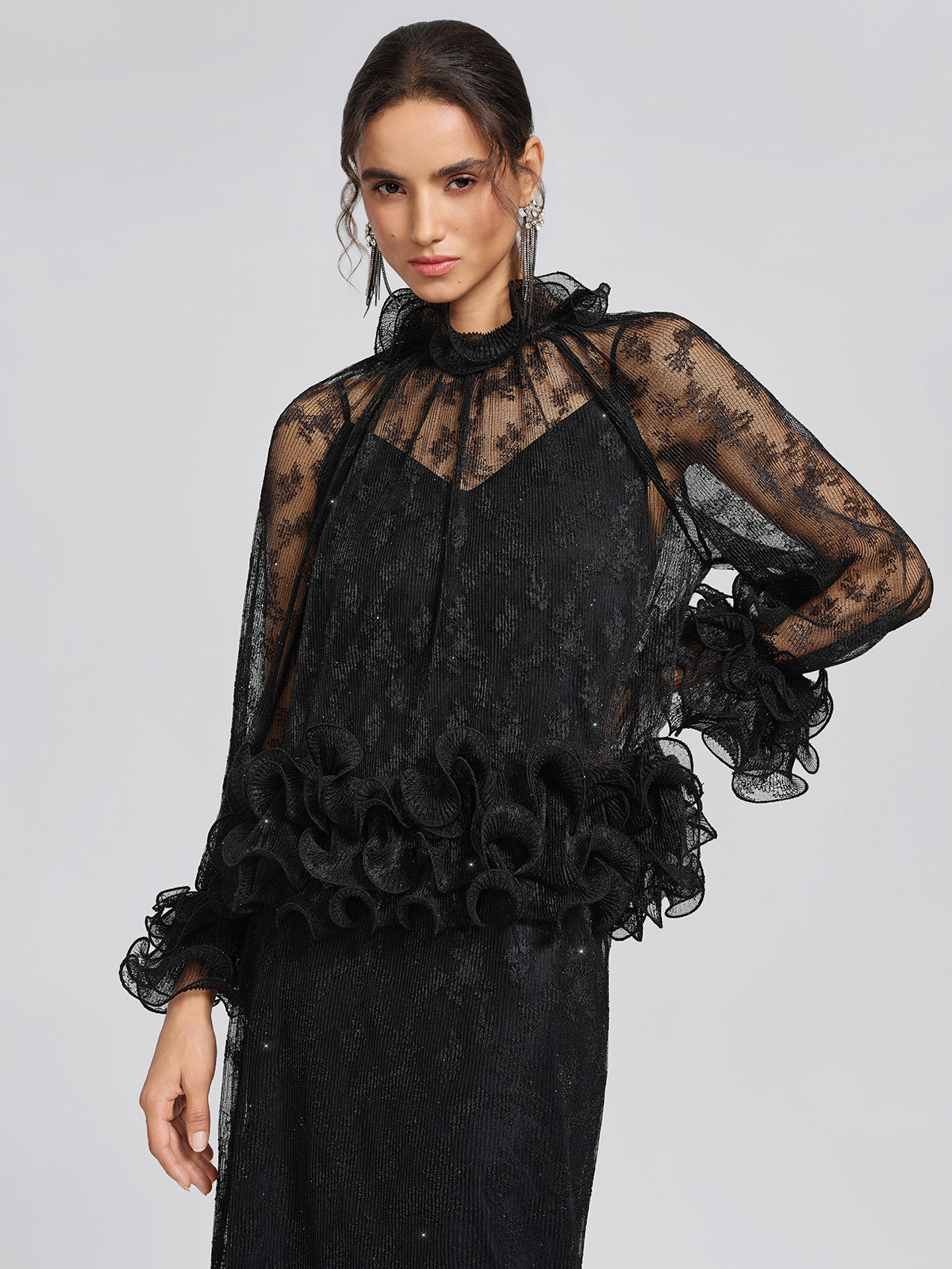 Pleated Mesh Floral Lace Blouse
