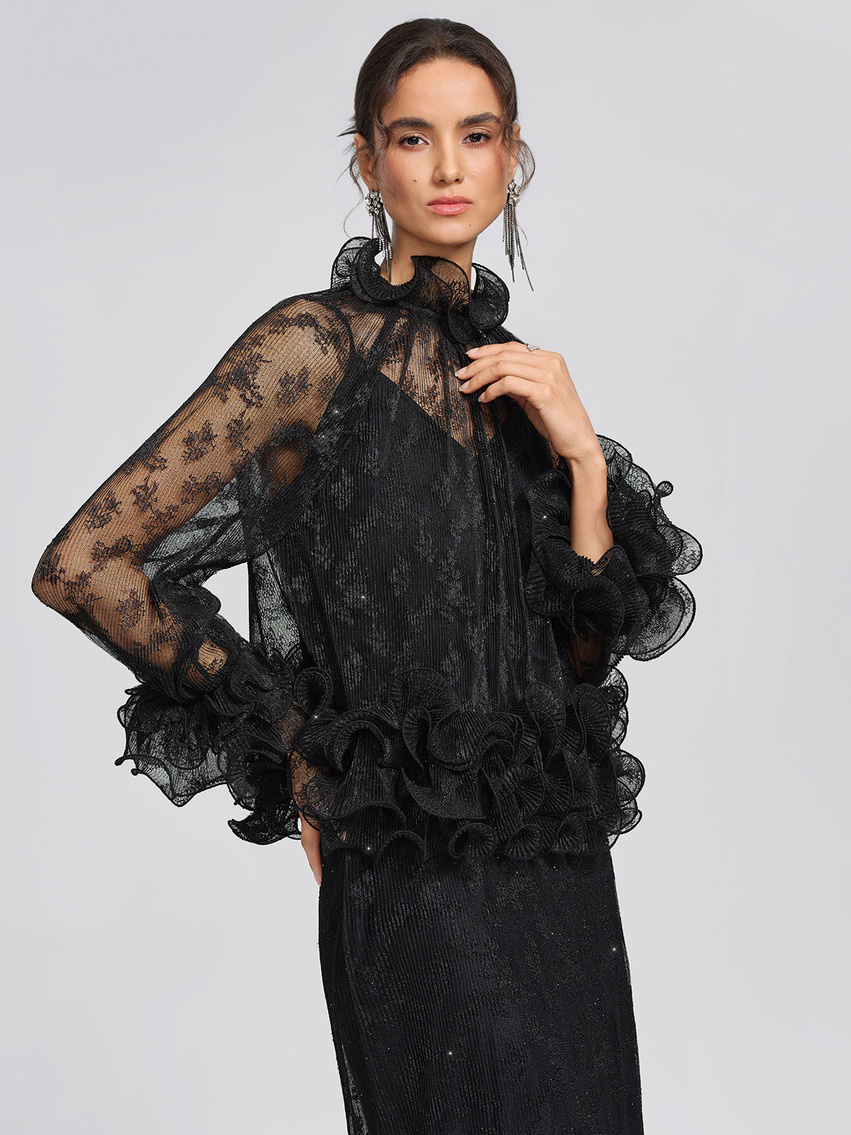 Pleated Mesh Floral Lace Blouse