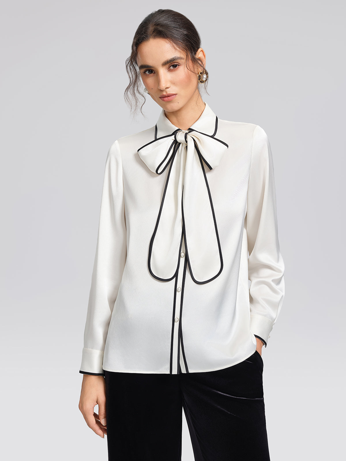 Satin Contrast Trim Bow Shirt